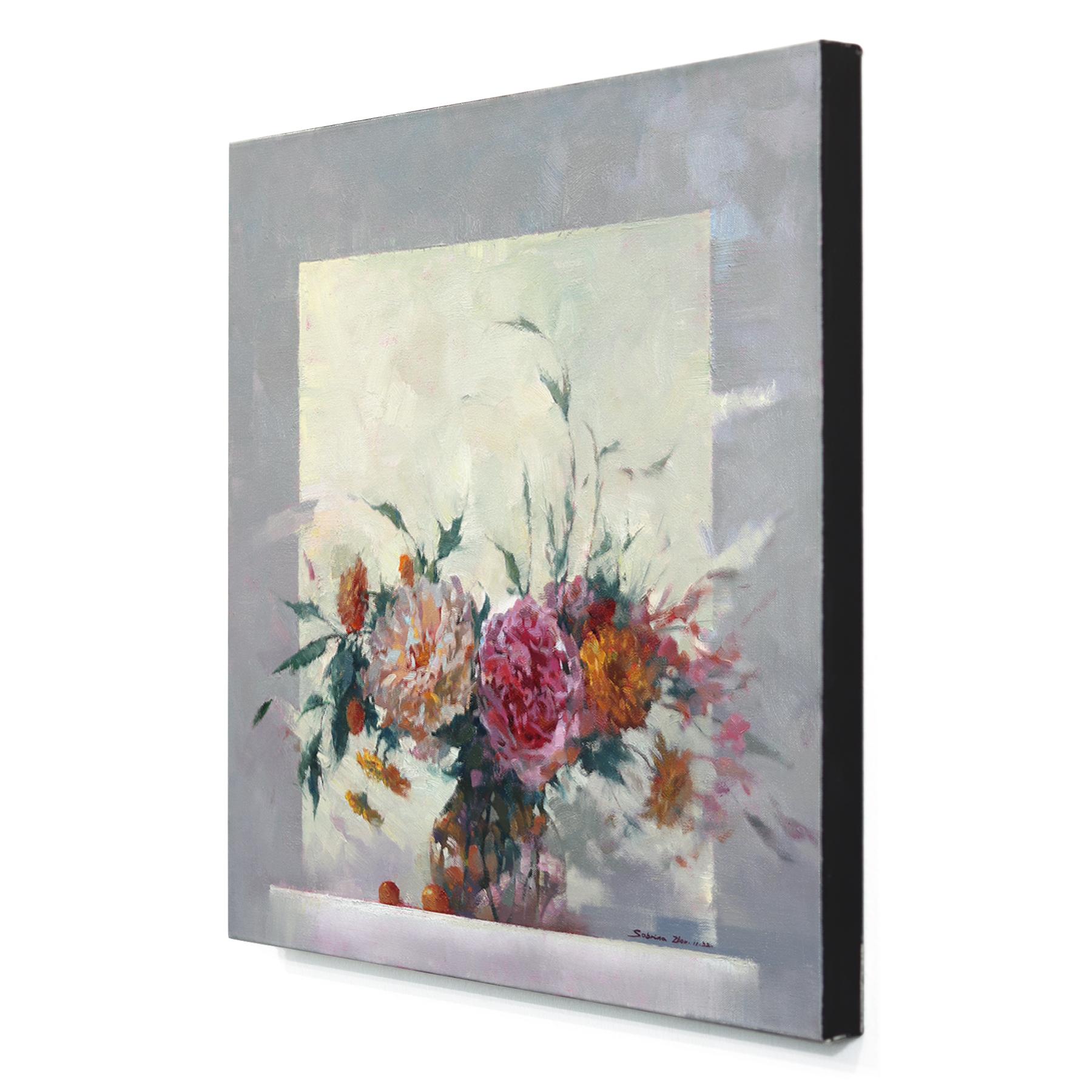 Il respiro delle peonie - Quadro impressionista floreale su tela - Still-Life Painting Grigio di Sabrina Zhou