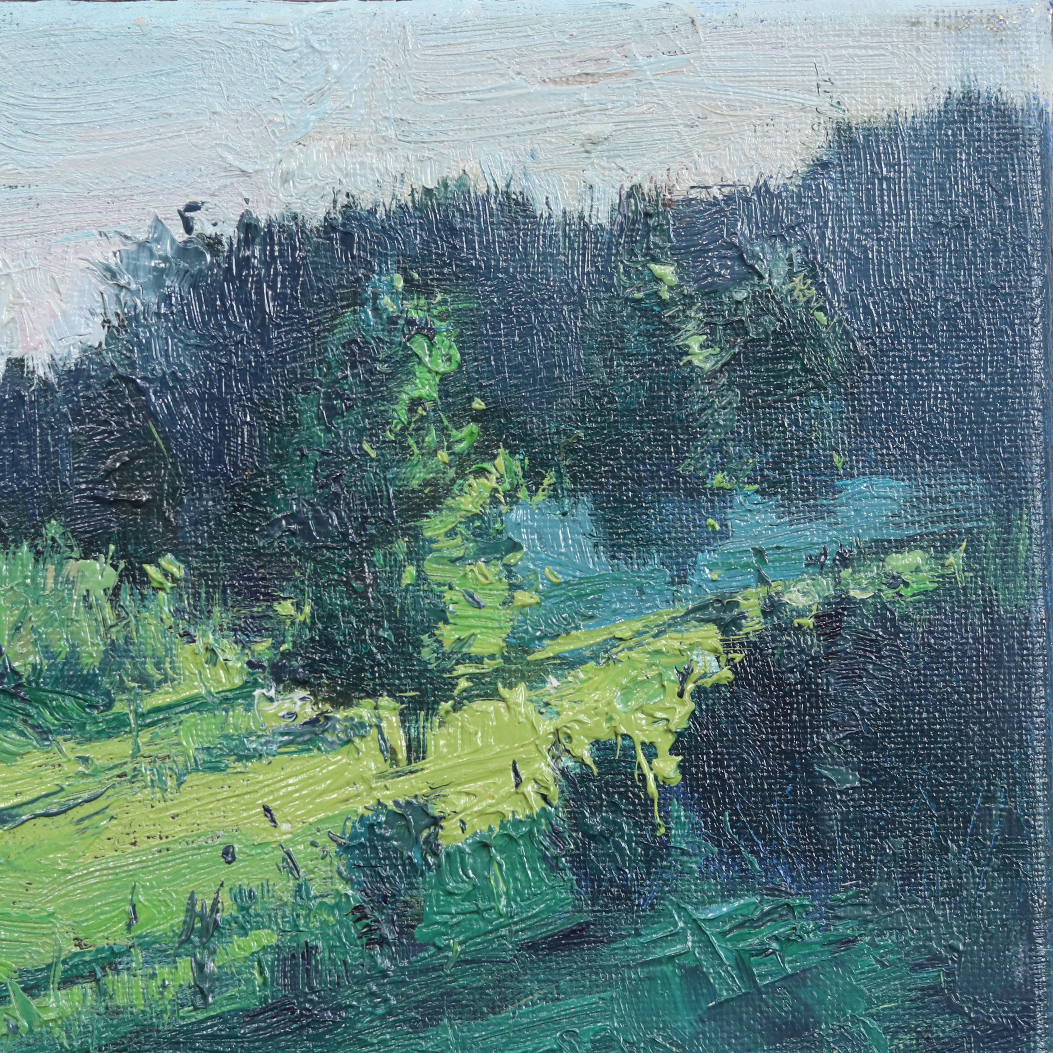 Comienzo tranquilo - Pintura impresionista de paisaje verde sobre lienzo en venta 1