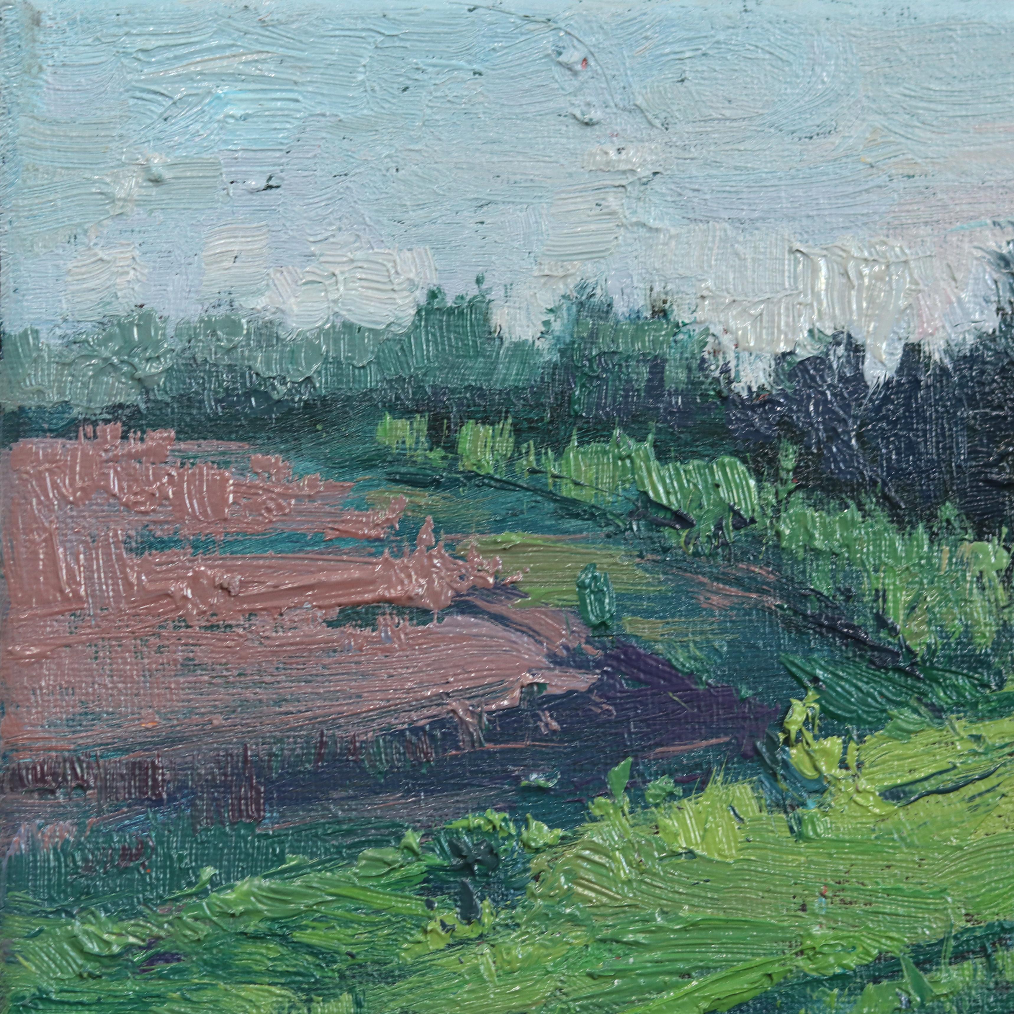 Comienzo tranquilo - Pintura impresionista de paisaje verde sobre lienzo en venta 2
