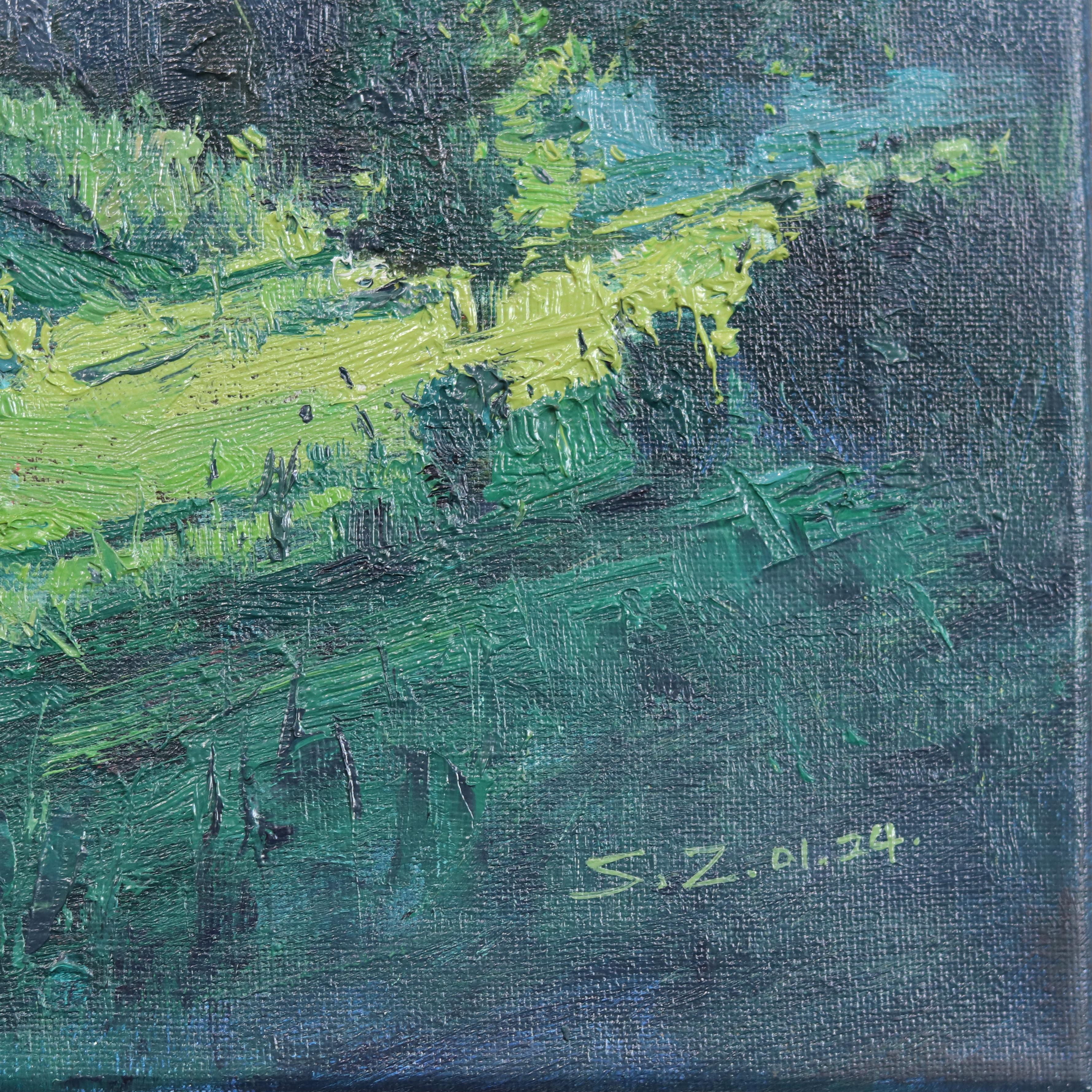 Comienzo tranquilo - Pintura impresionista de paisaje verde sobre lienzo en venta 3