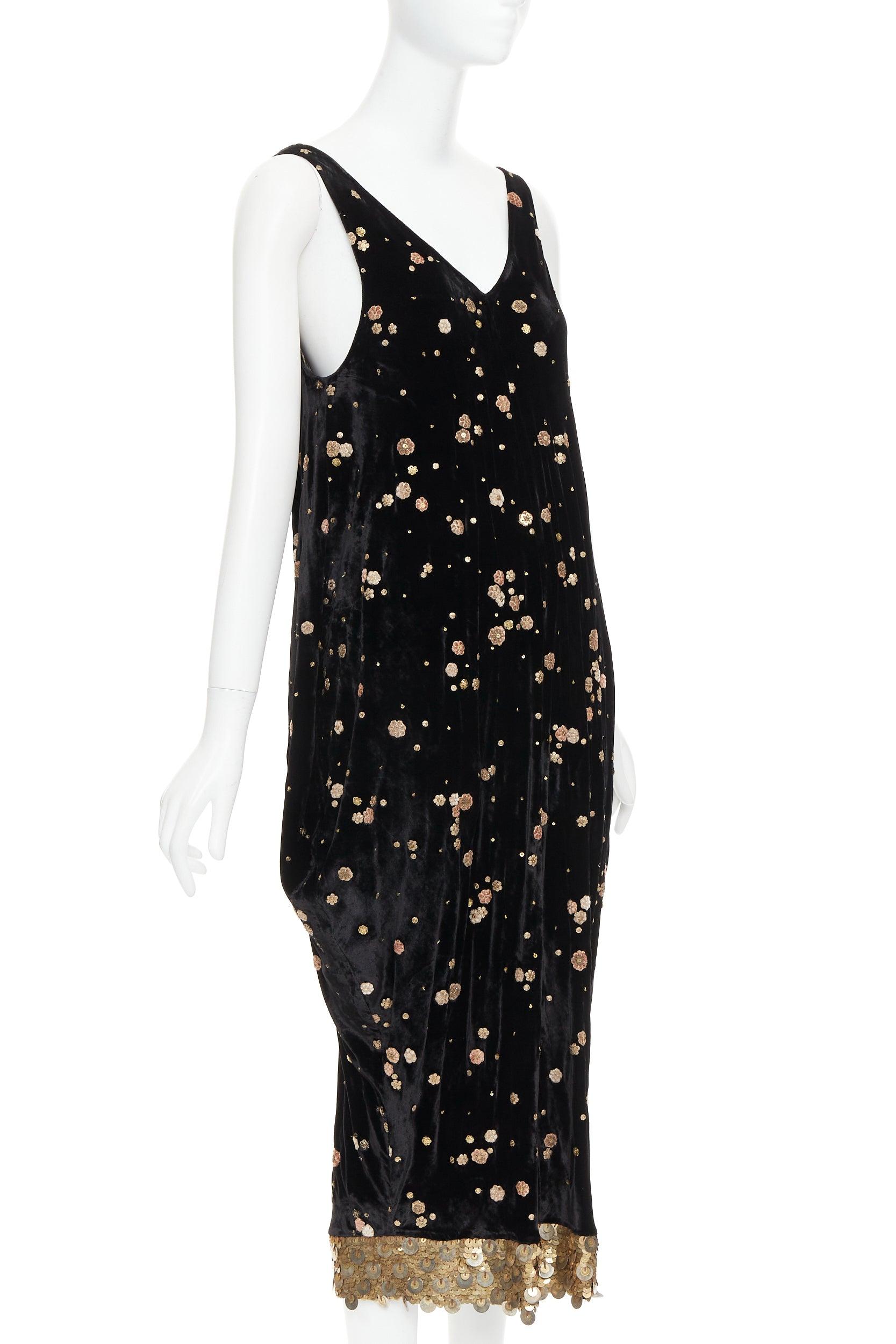 Black SABYASACHI black velvet gold floral applique sequins drape V neck dress S For Sale