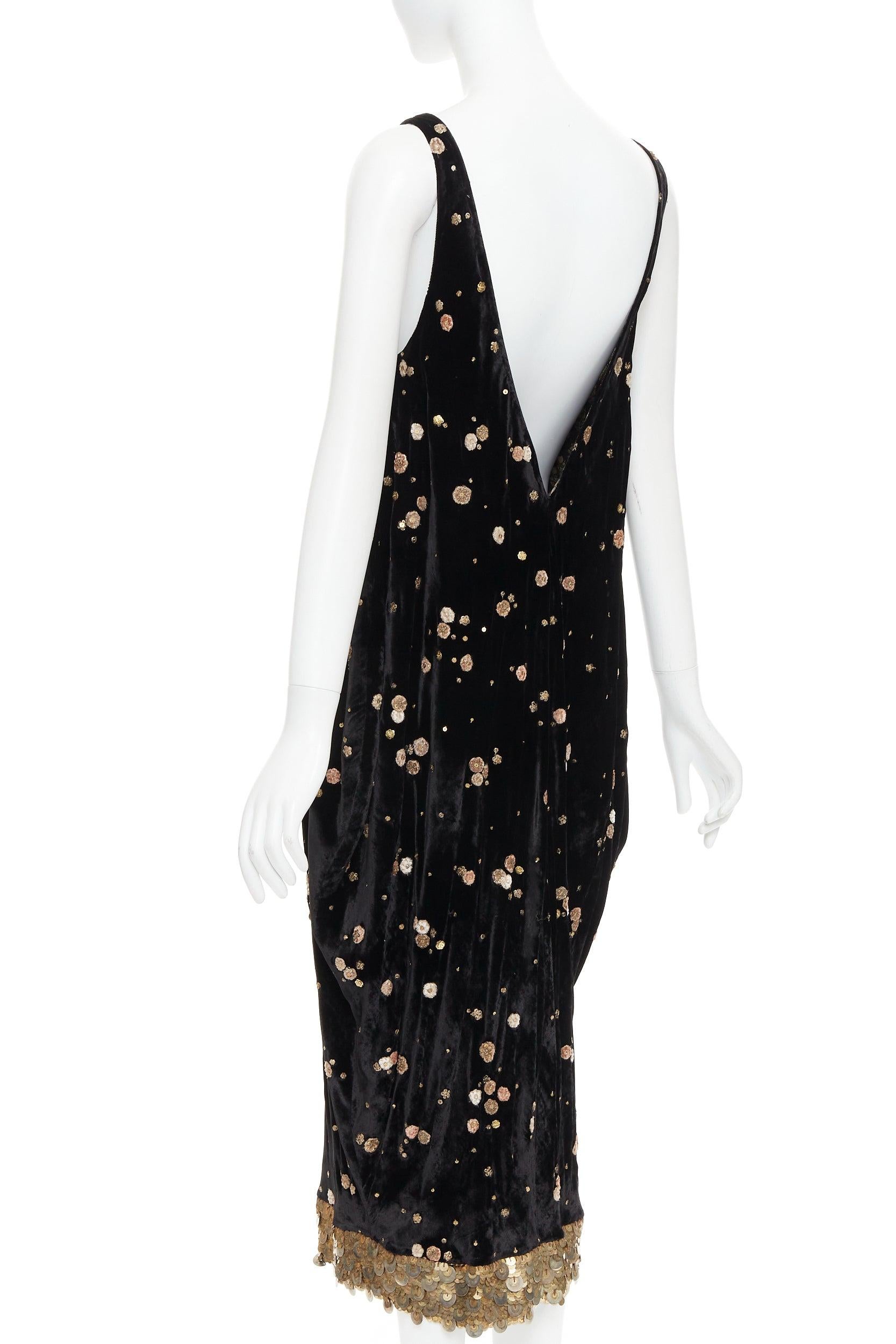 SABYASACHI black velvet gold floral applique sequins drape V neck dress S For Sale 1