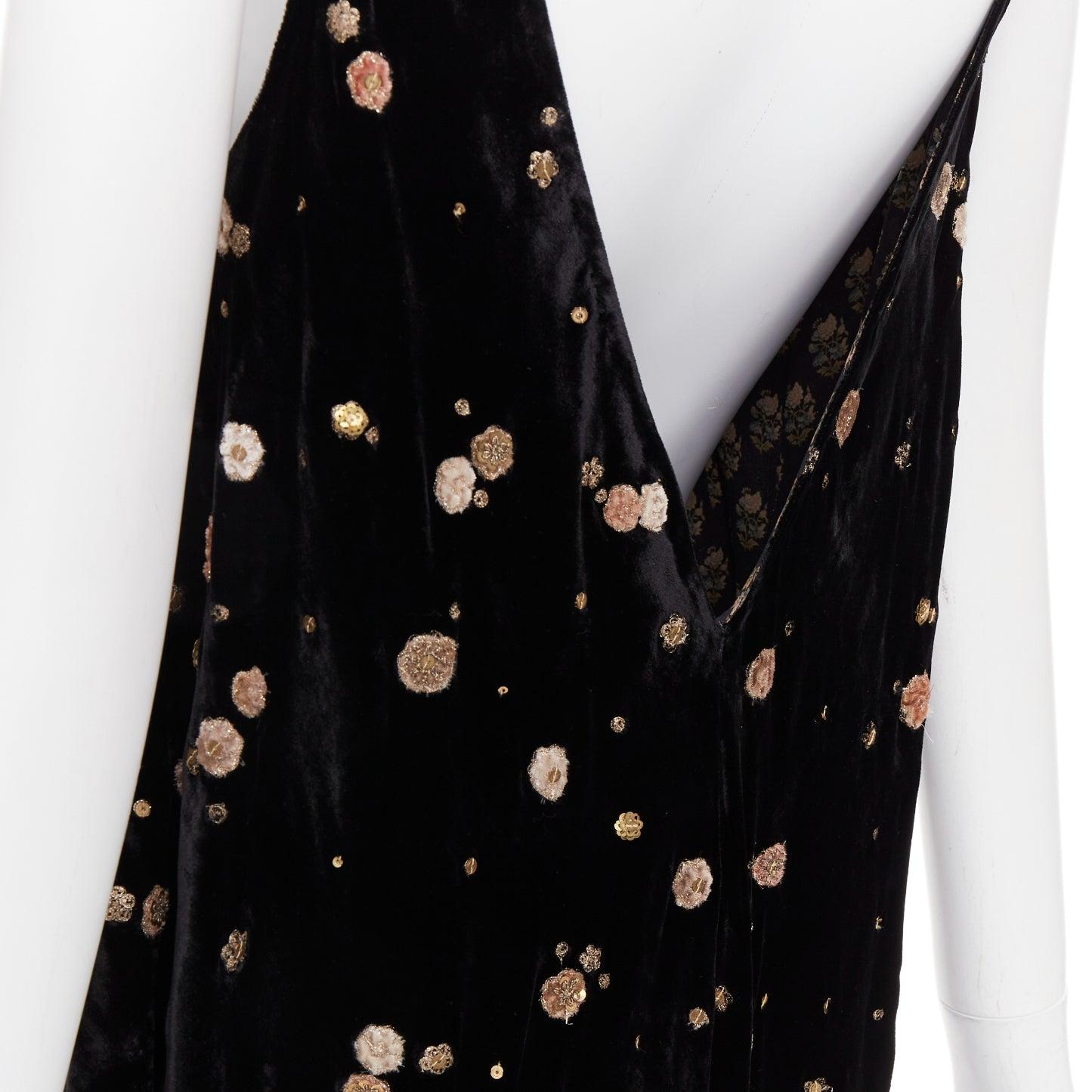 SABYASACHI black velvet gold floral applique sequins drape V neck dress S For Sale 2