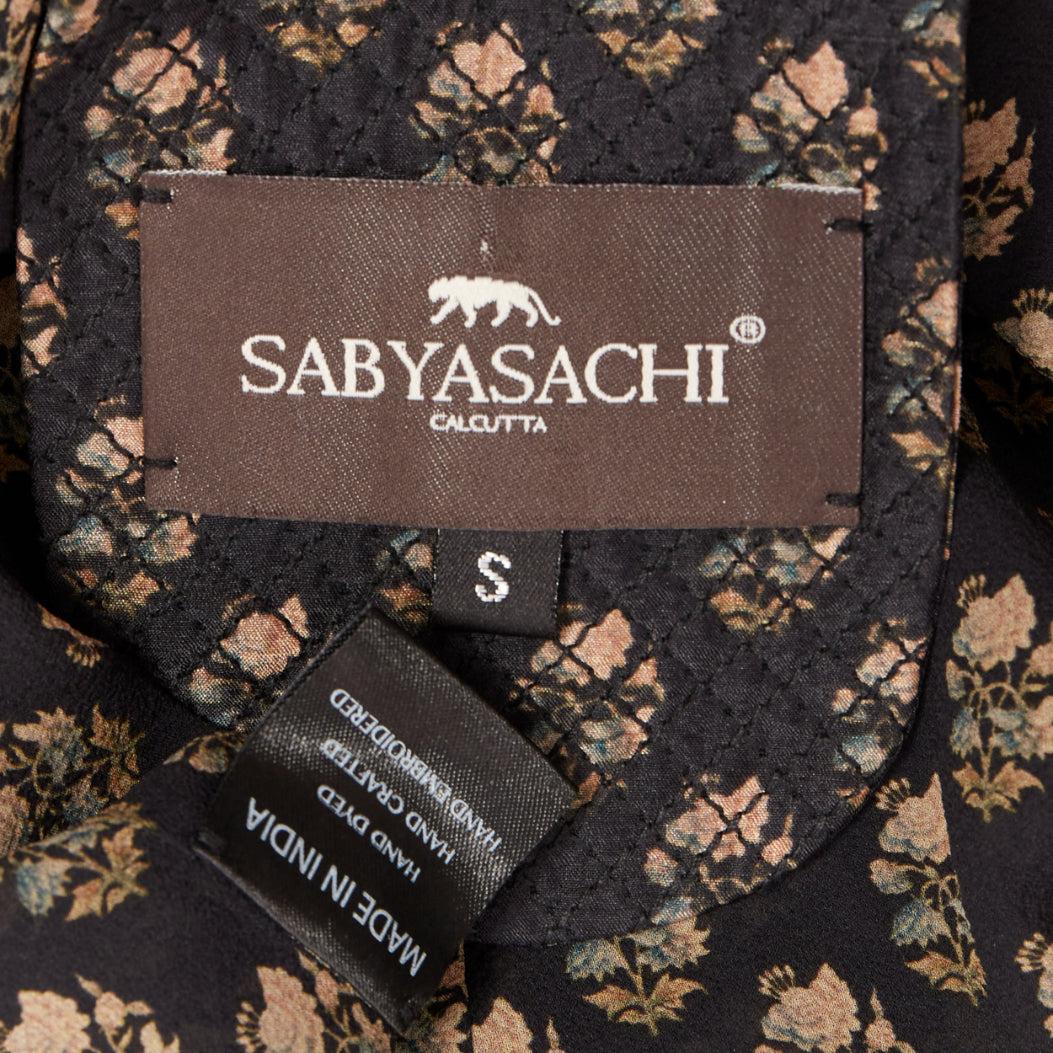 SABYASACHI black velvet gold floral applique sequins drape V neck dress S For Sale 3