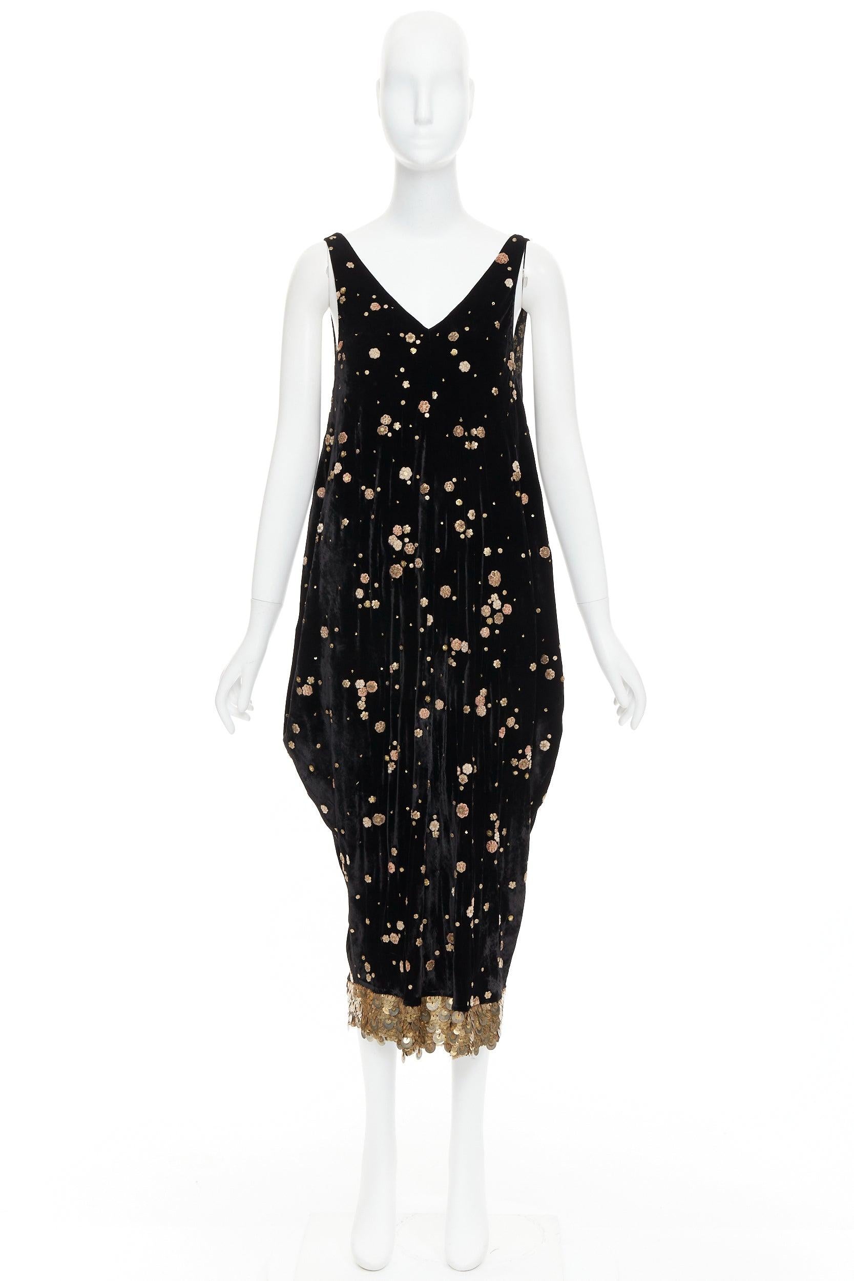 SABYASACHI black velvet gold floral applique sequins drape V neck dress S For Sale 4