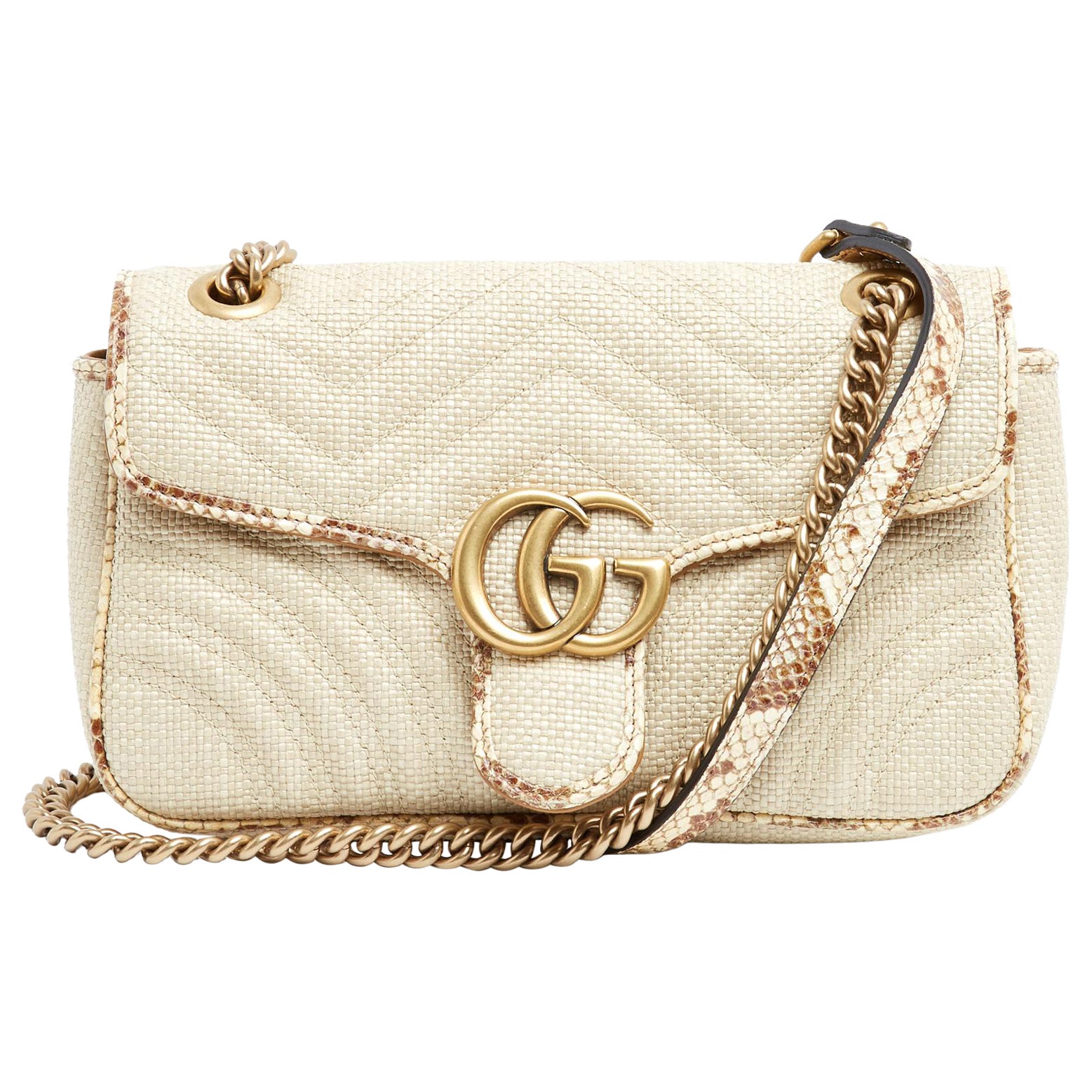 Sac Gucci Epaule Paille Cuir GG Marmont Raffia Precious Leather Umhängetasche