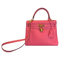 Sac Hermès Kelly 25 Swift Rose Azalée Gold 2017 Bandoulière