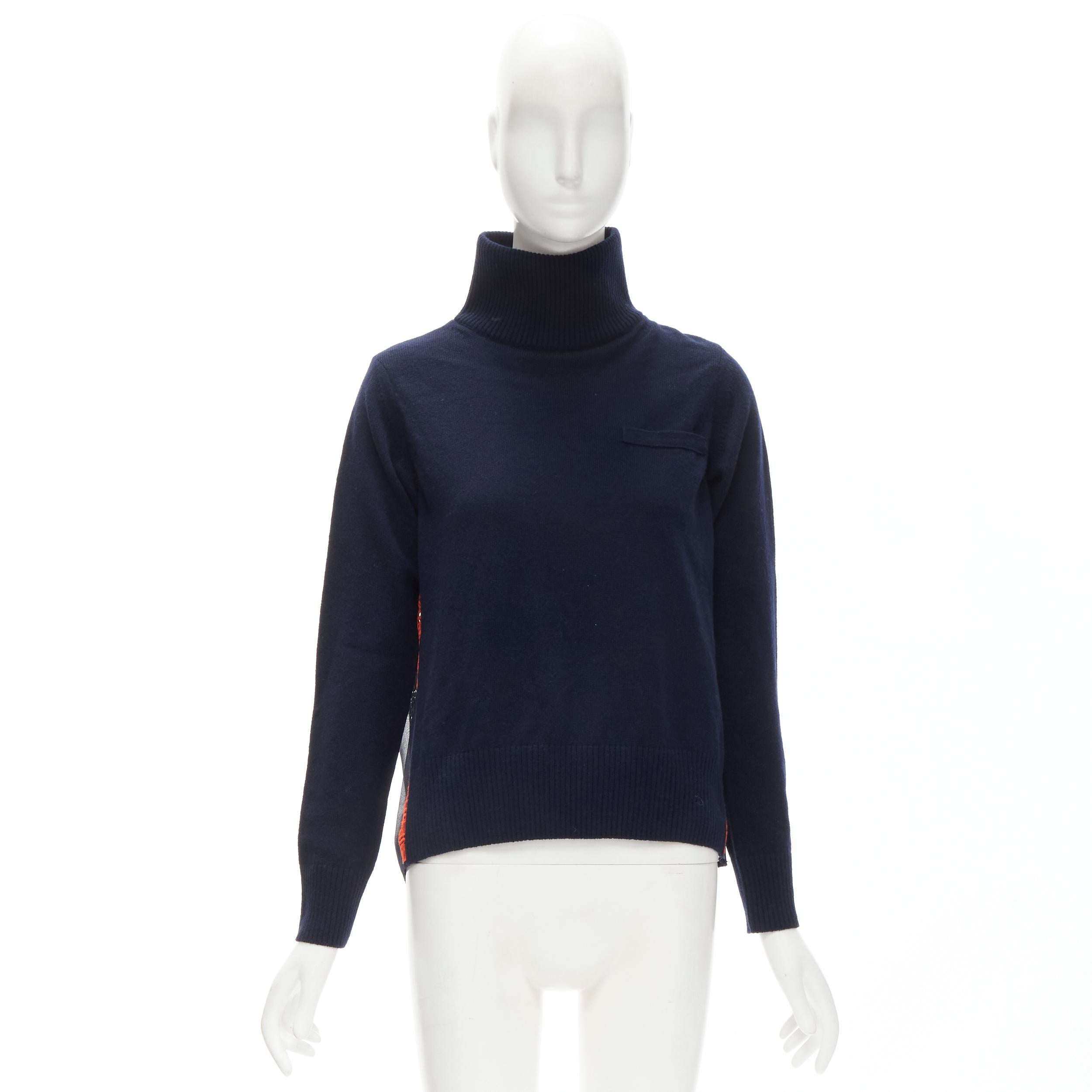 SACAI 100% wool navy red striped embroidery anglais flared turtleneck JP1 S For Sale 6