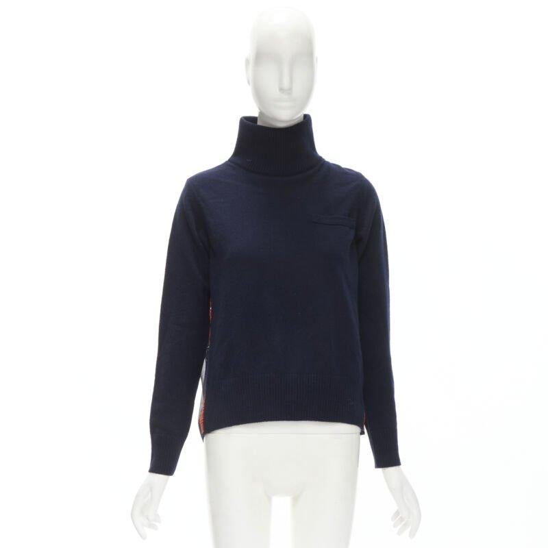 SACAI 100% wool navy red striped embroidery anglais flared turtleneck JP1 S 5