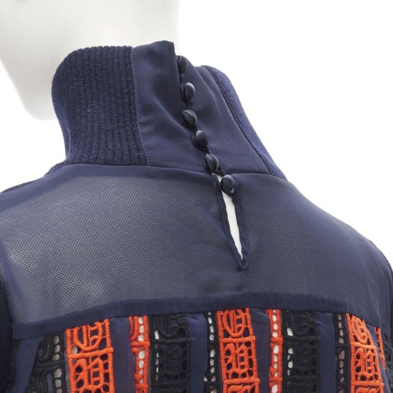 Black SACAI 100% wool navy red striped embroidery anglais flared turtleneck JP1 S