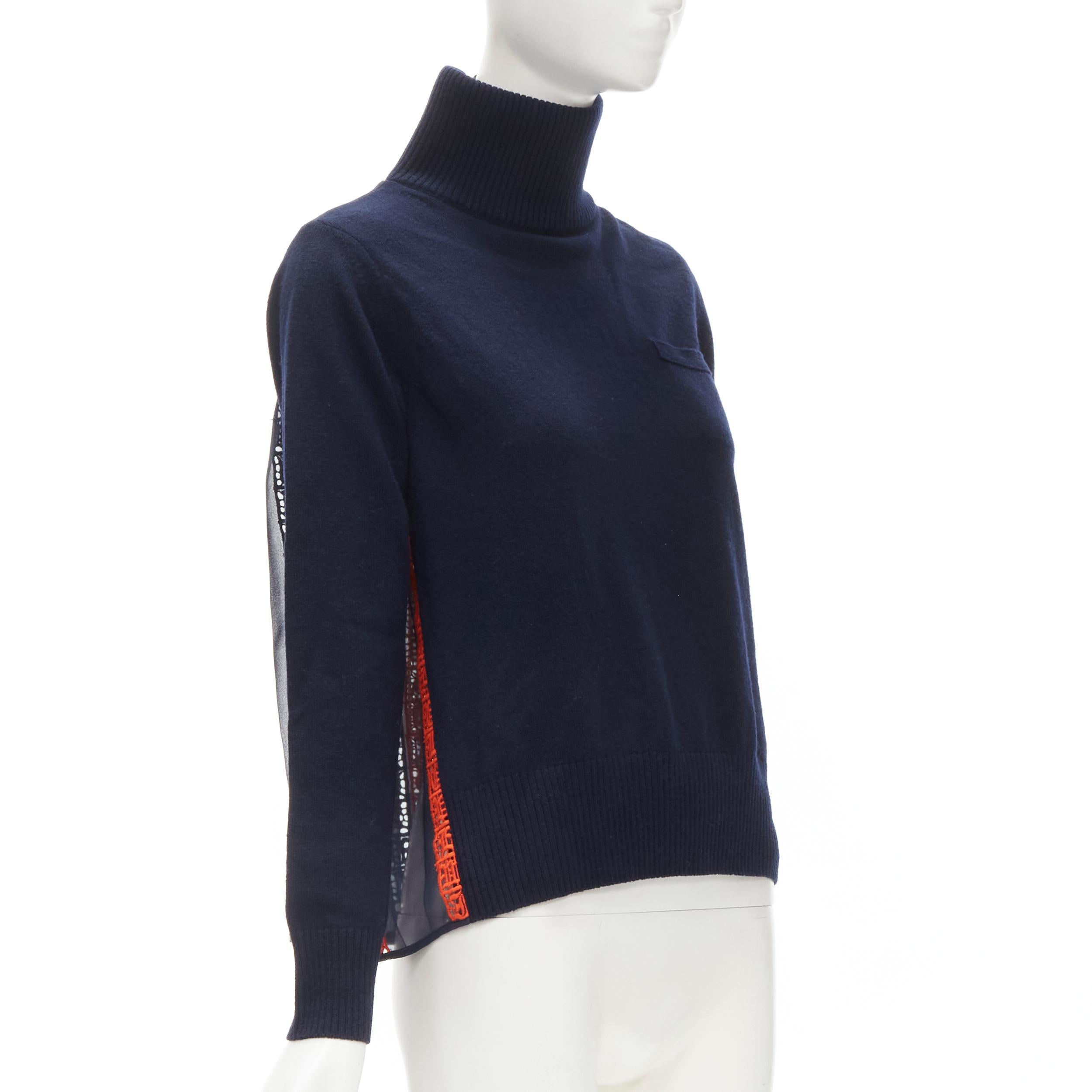 Women's SACAI 100% wool navy red striped embroidery anglais flared turtleneck JP1 S For Sale
