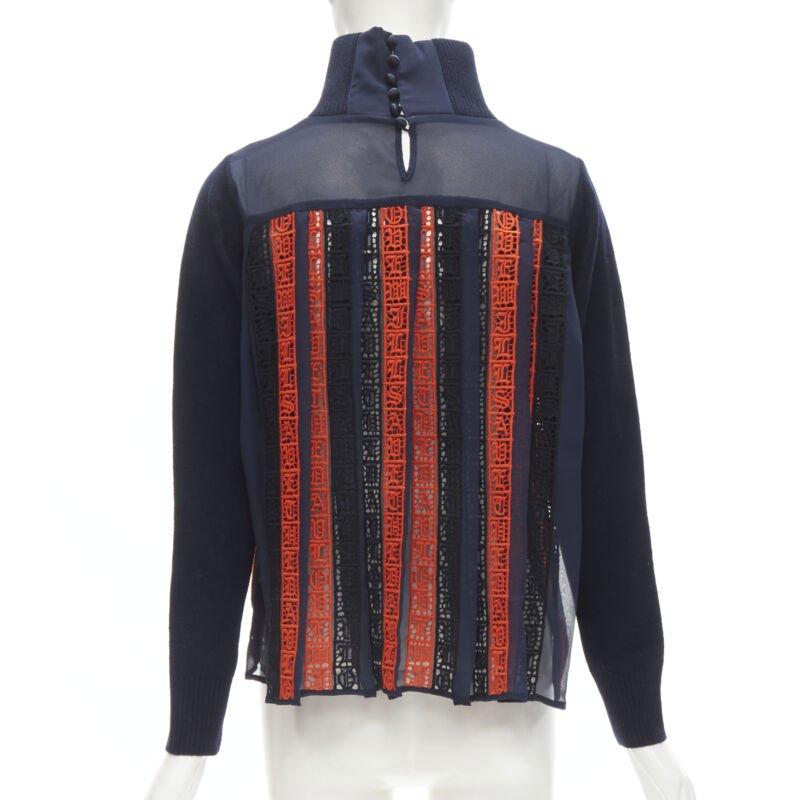 Women's SACAI 100% wool navy red striped embroidery anglais flared turtleneck JP1 S