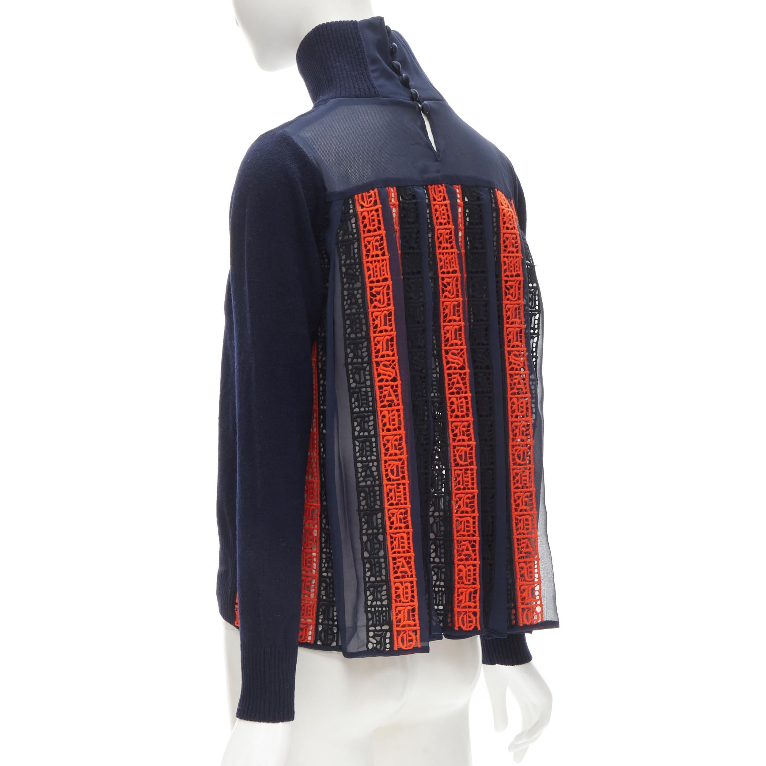 SACAI 100% wool navy red striped embroidery anglais flared turtleneck JP1 S For Sale 2