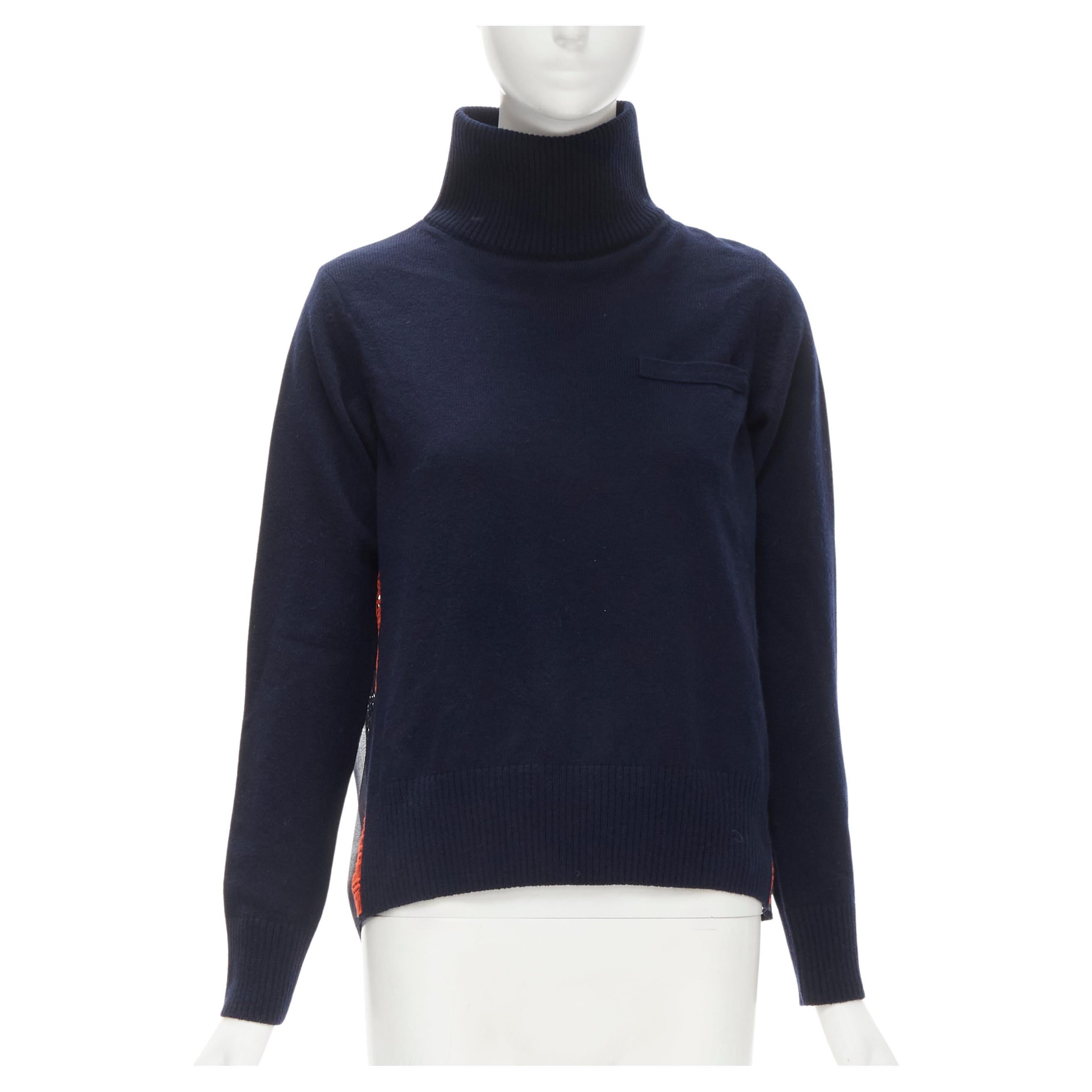SACAI 100% wool navy red striped embroidery anglais flared turtleneck JP1 S For Sale