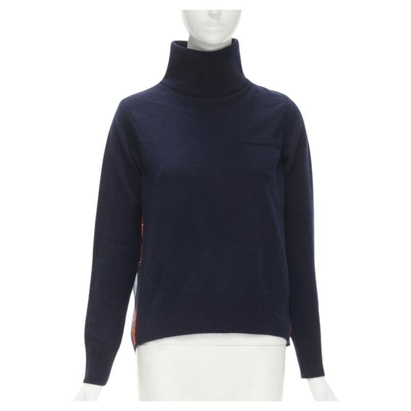 SACAI 100% wool navy red striped embroidery anglais flared turtleneck JP1 S