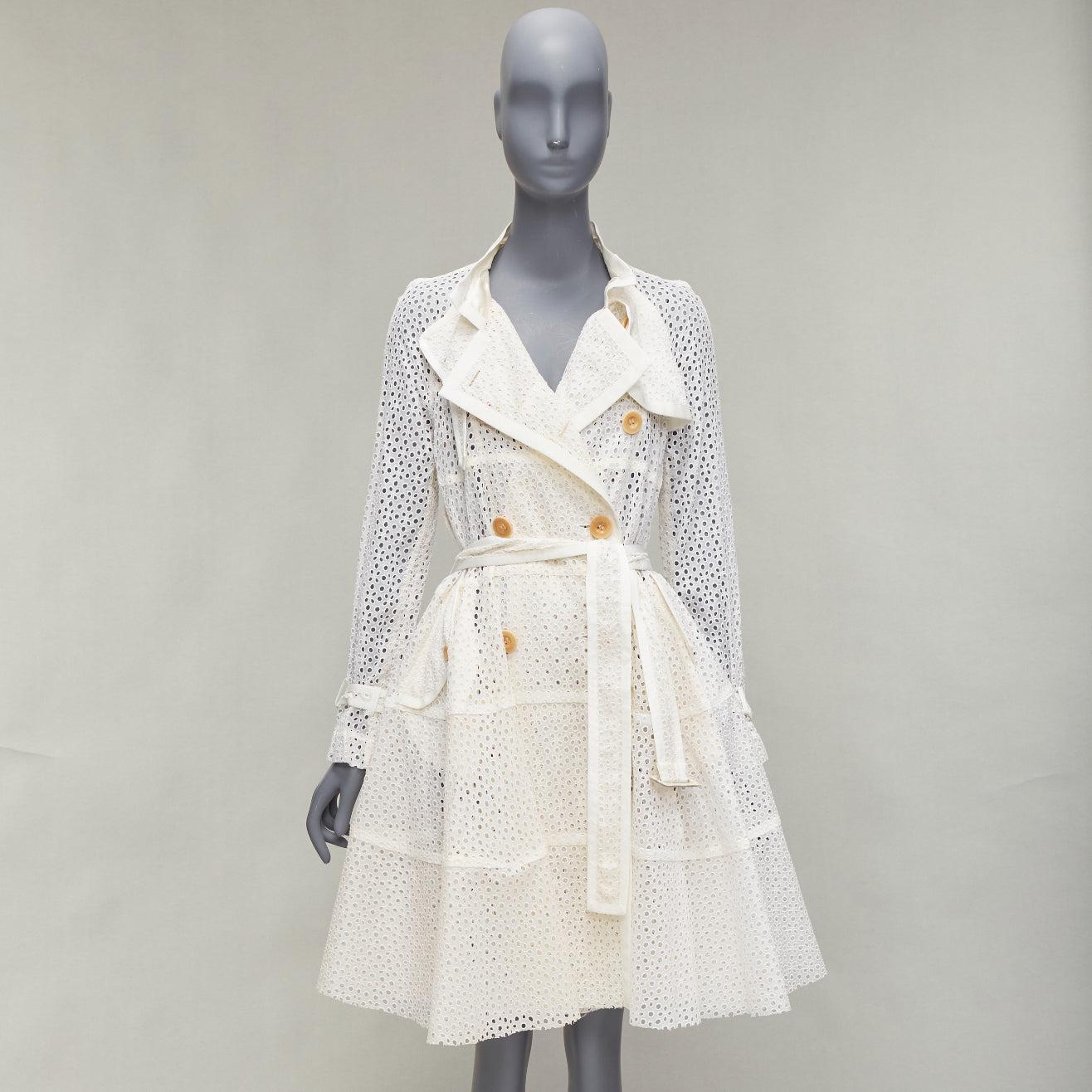 SACAI 2012 cream eyelet embroidery anglais double breast belted flared coat JP3 For Sale 8