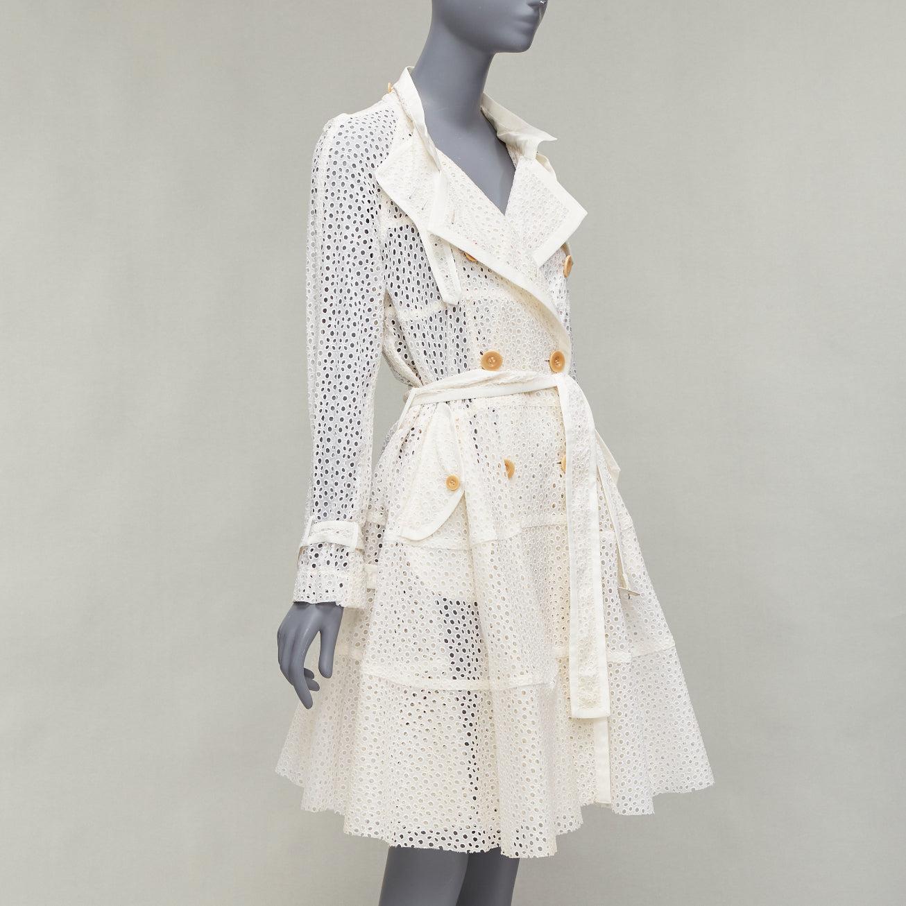 Women's SACAI 2012 cream eyelet embroidery anglais double breast belted flared coat JP3 For Sale