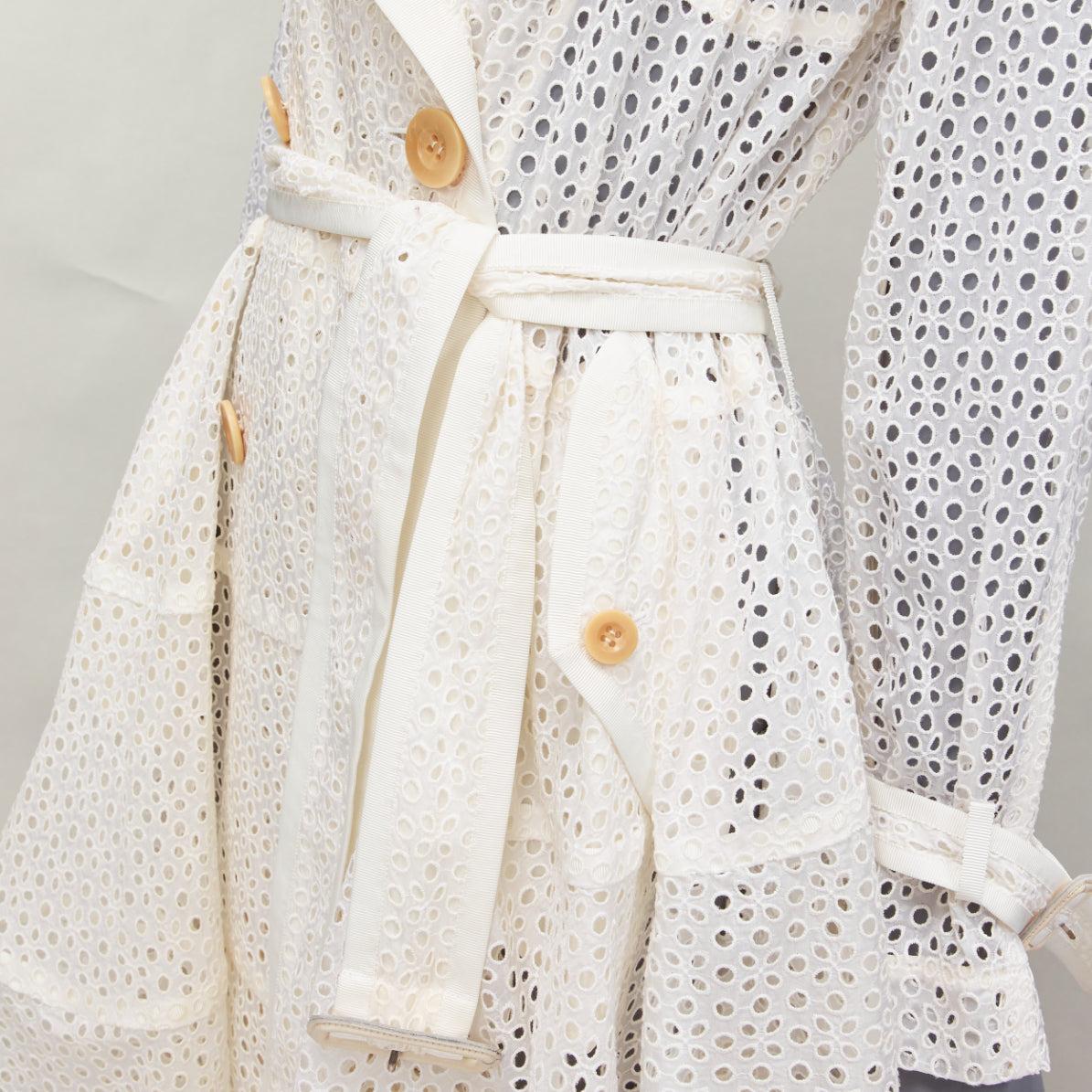 SACAI 2012 cream eyelet embroidery anglais double breast belted flared coat JP3 4