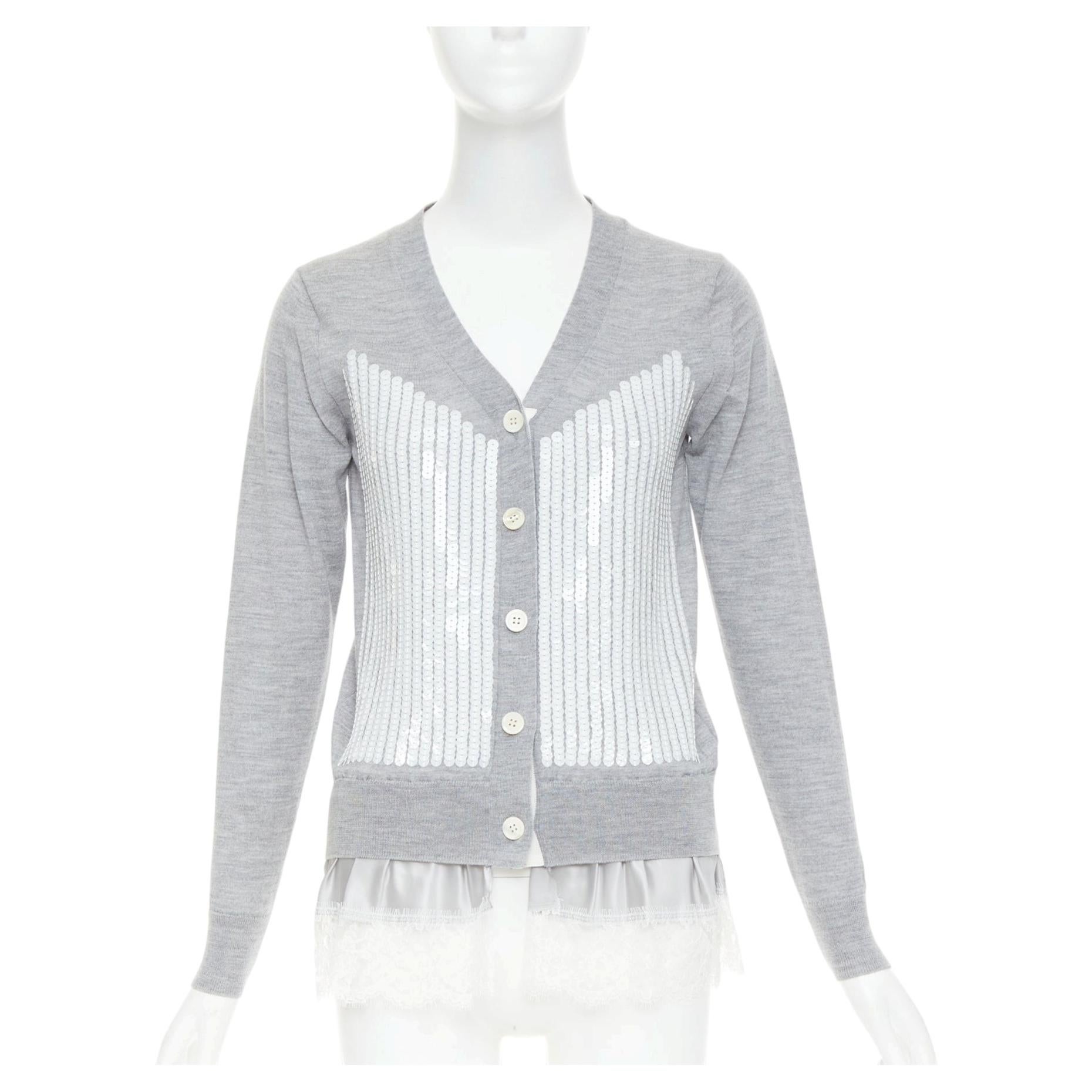SACAI 2012 grey wool white sequin lace ruffle scallop hem cardigan JP1 S