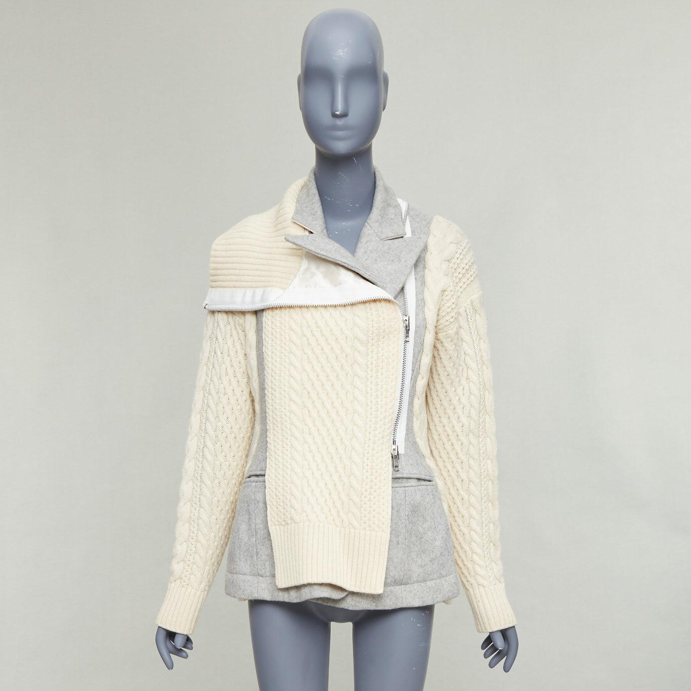 SACAI 2014 grey beige 100% wool deconstructed cable knit zip jacket JP3 L en venta 5