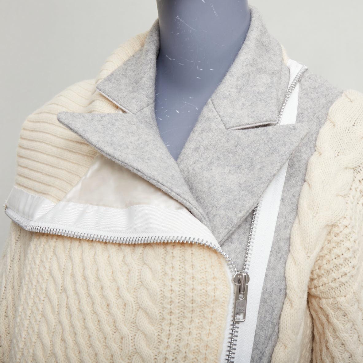 SACAI 2014 grey beige 100% wool deconstructed cable knit zip jacket JP3 L
Reference: CNPG/A00102
Brand: Sacai
Designer: Chitose Abe
Collection: 2014
Material: Wool
Color: Grey, Beige
Pattern: Solid
Closure: Button
Lining: Grey Fabric
Extra Details: