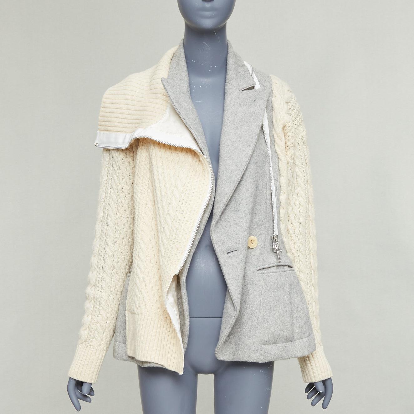 SACAI 2014 grey beige 100% wool deconstructed cable knit zip jacket JP3 L Beige en venta
