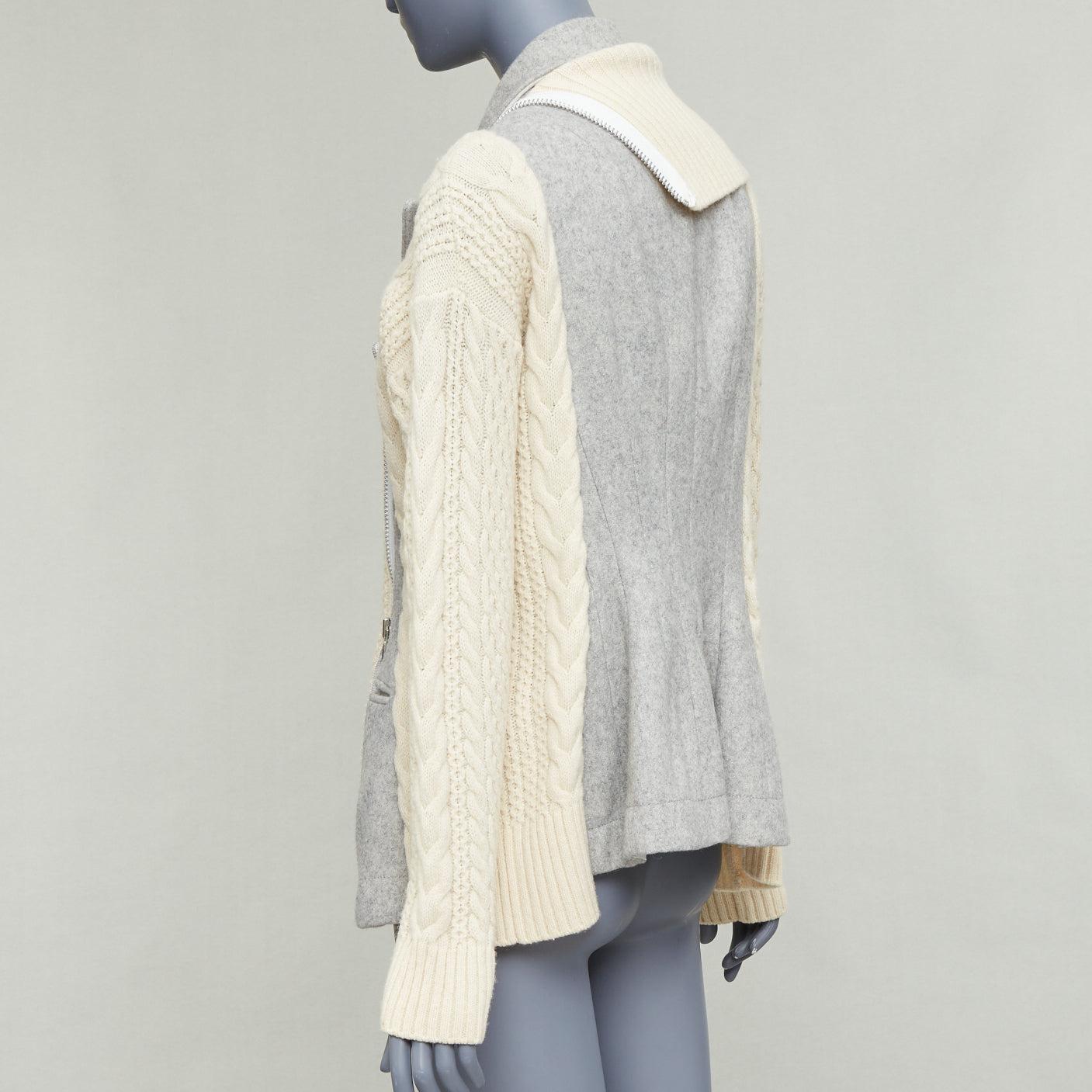 SACAI 2014 grey beige 100% wool deconstructed cable knit zip jacket JP3 L en venta 2