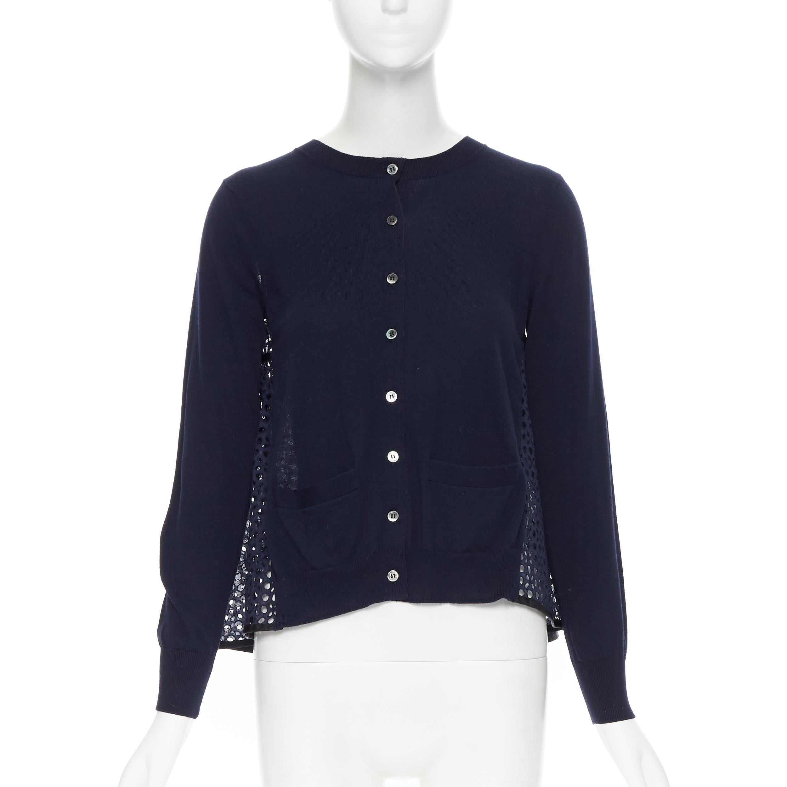 Black SACAI 2015 100% cotton navy blue embroidery anglais flared back cardigan JP1 XS