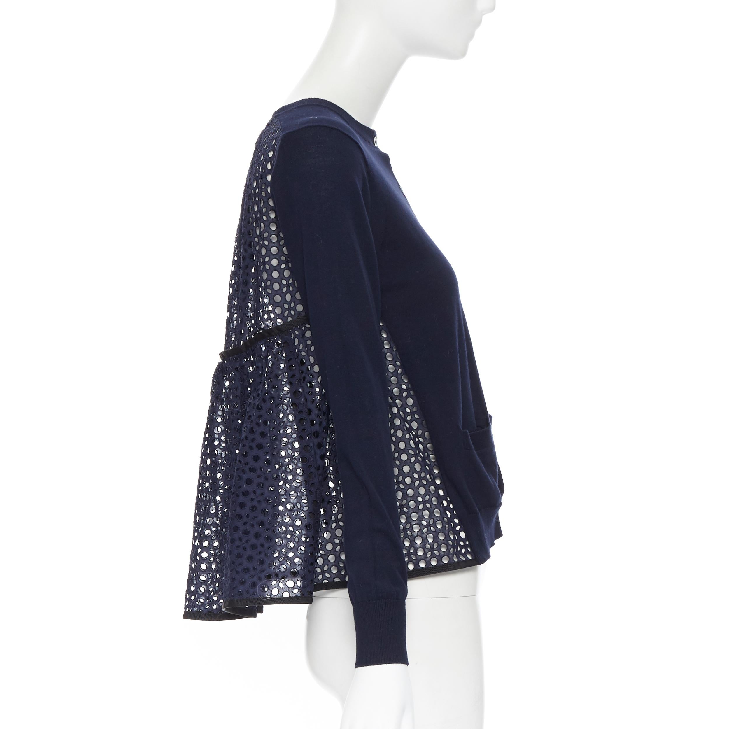 SACAI 2015 100% cotton navy blue embroidery anglais flared back cardigan JP1 XS In Excellent Condition In Hong Kong, NT