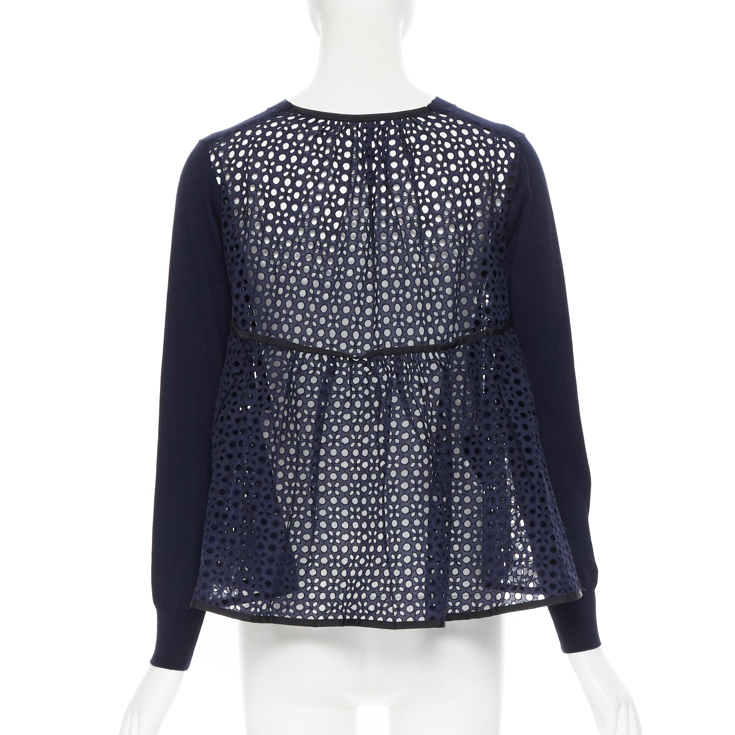 Women's SACAI 2015 100% cotton navy blue embroidery anglais flared back cardigan JP1 XS
