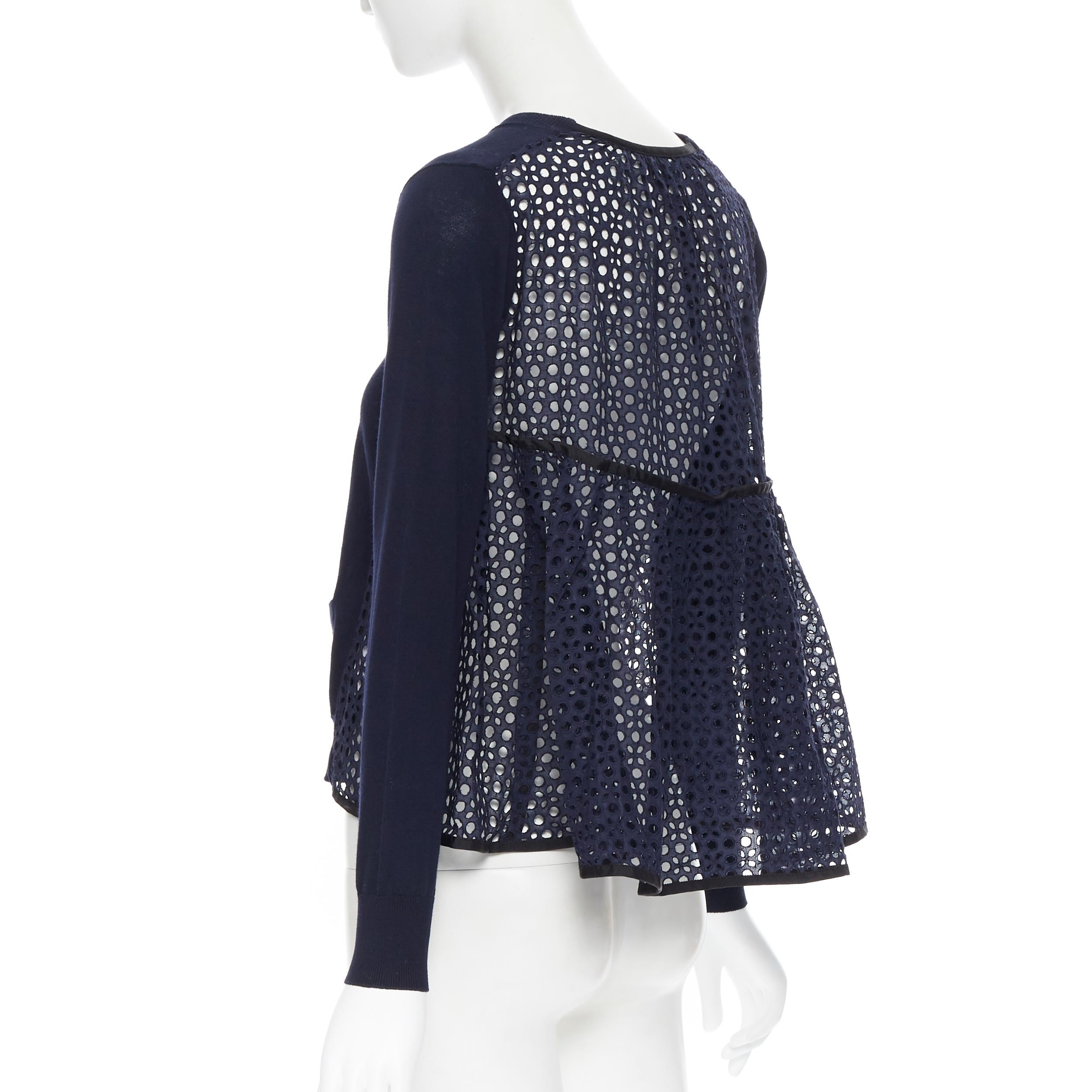 SACAI 2015 100% cotton navy blue embroidery anglais flared back cardigan JP1 XS 1