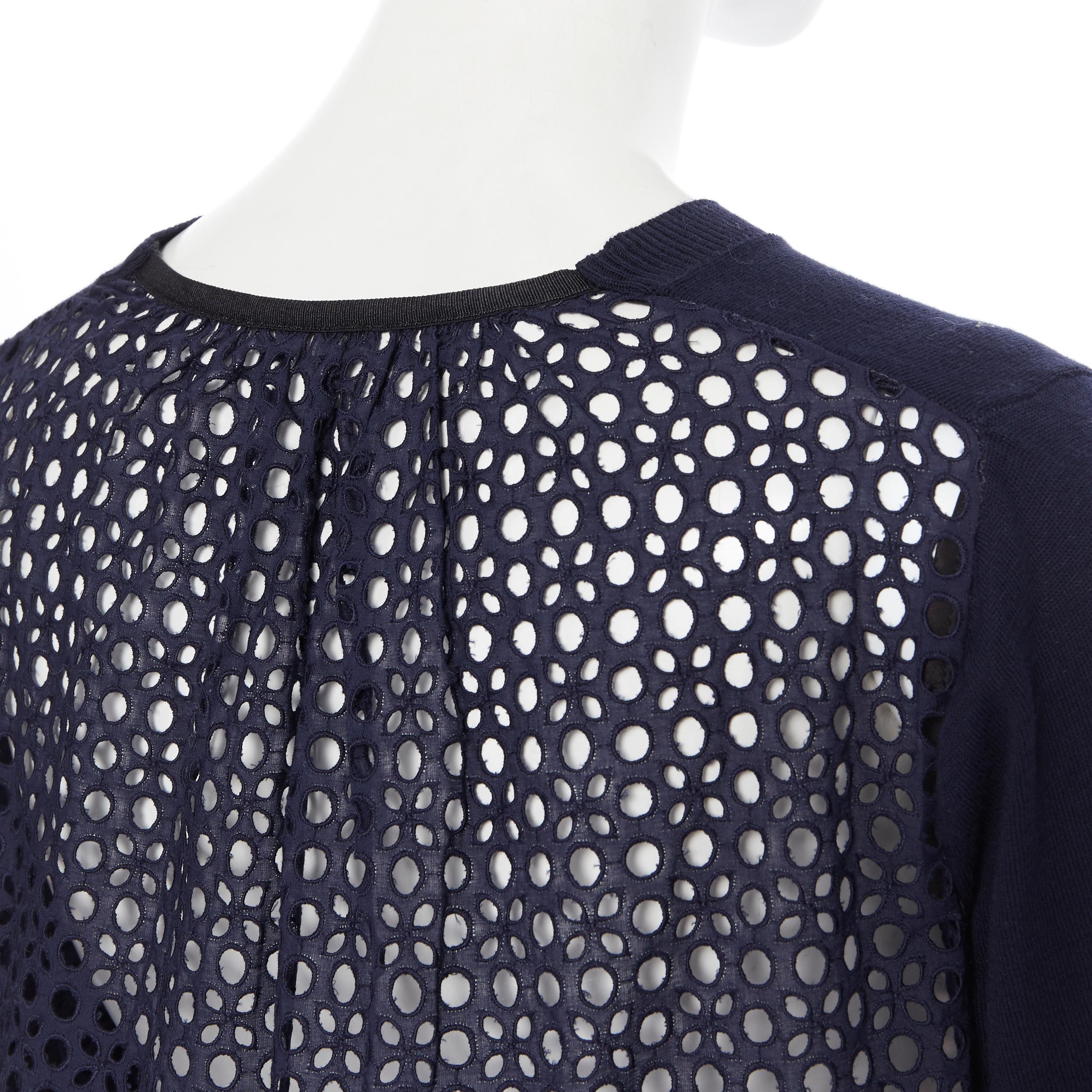 SACAI 2015 100% cotton navy blue embroidery anglais flared back cardigan JP1 XS 3
