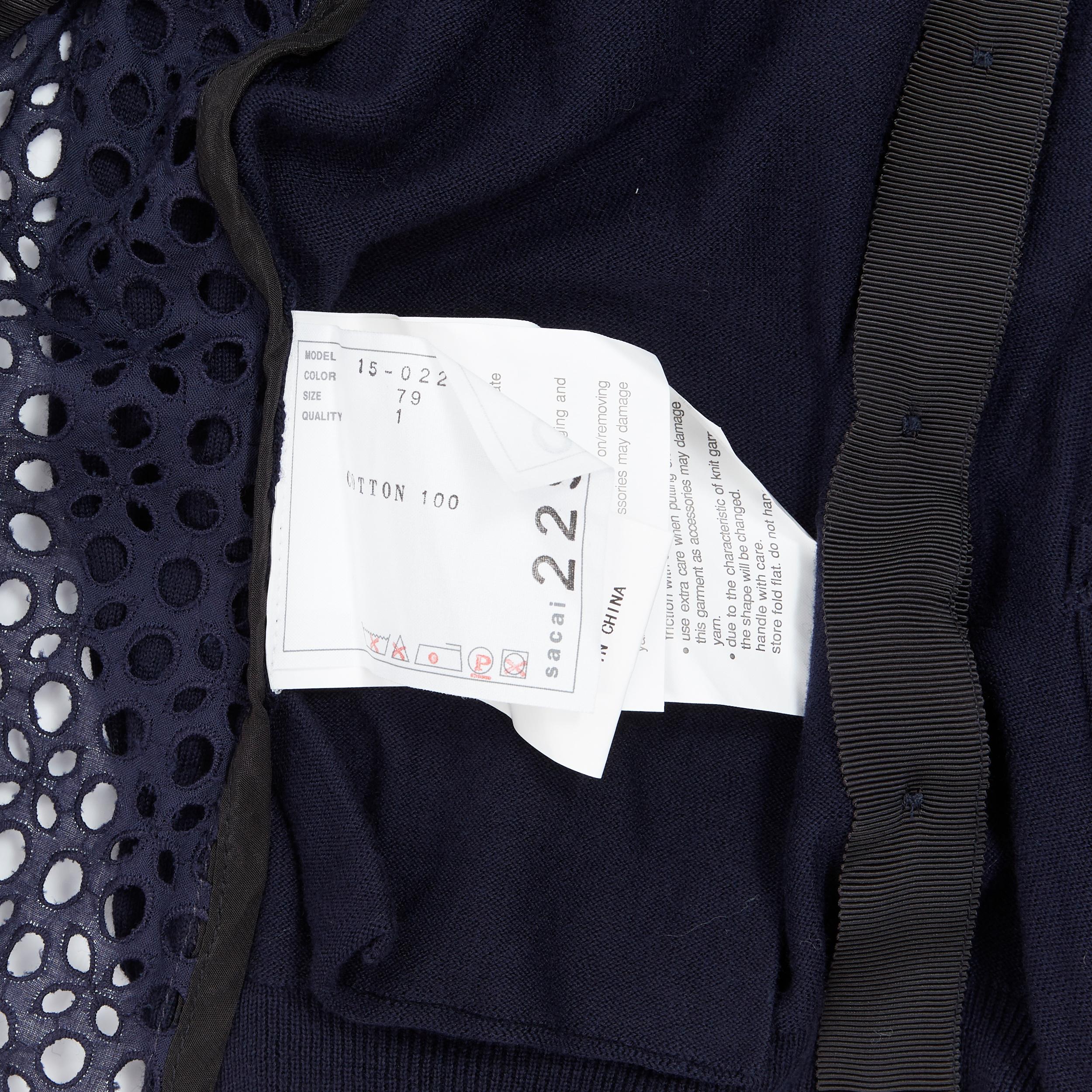 SACAI 2015 100% cotton navy blue embroidery anglais flared back cardigan JP1 XS 4