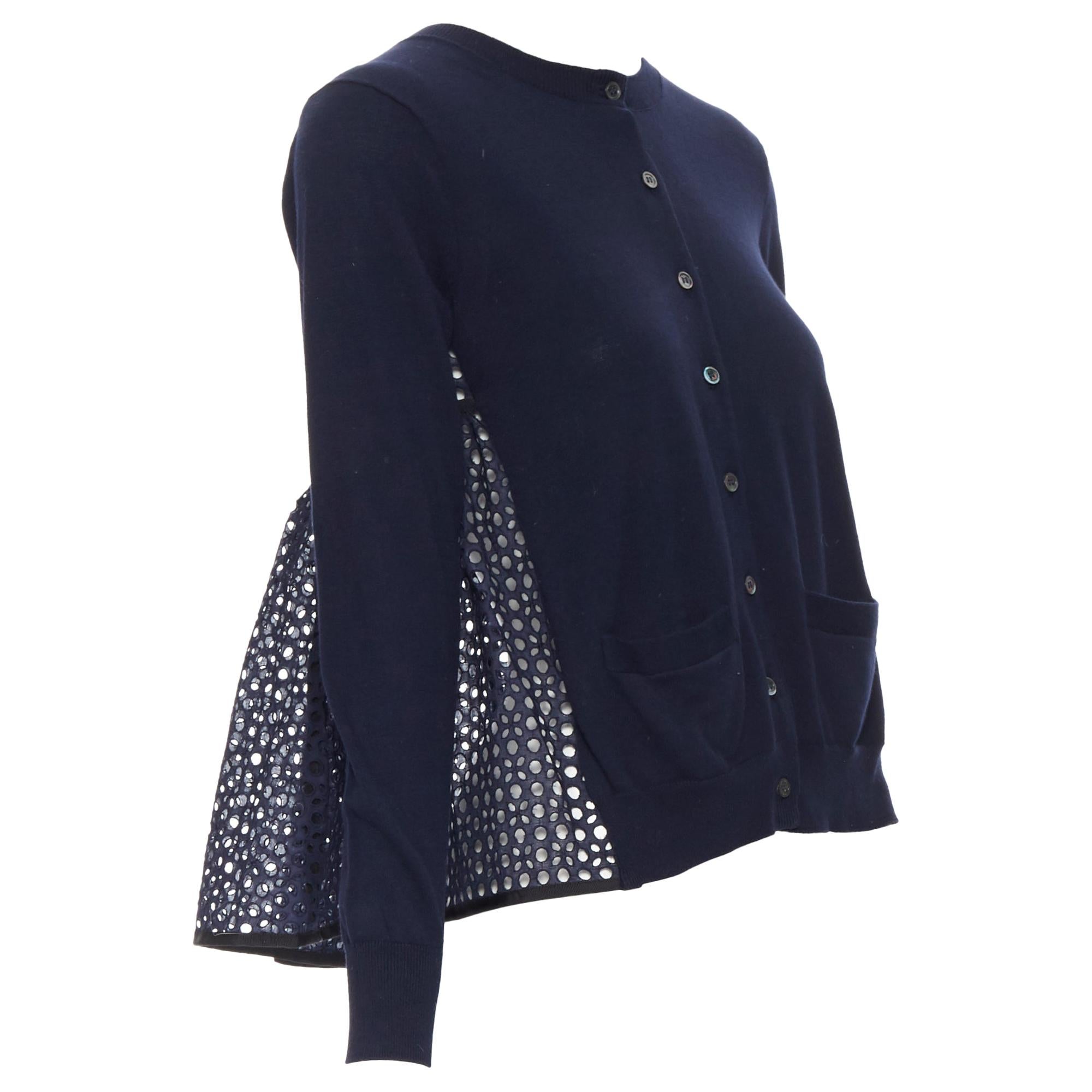 SACAI 2015 100% cotton navy blue embroidery anglais flared back cardigan JP1 XS