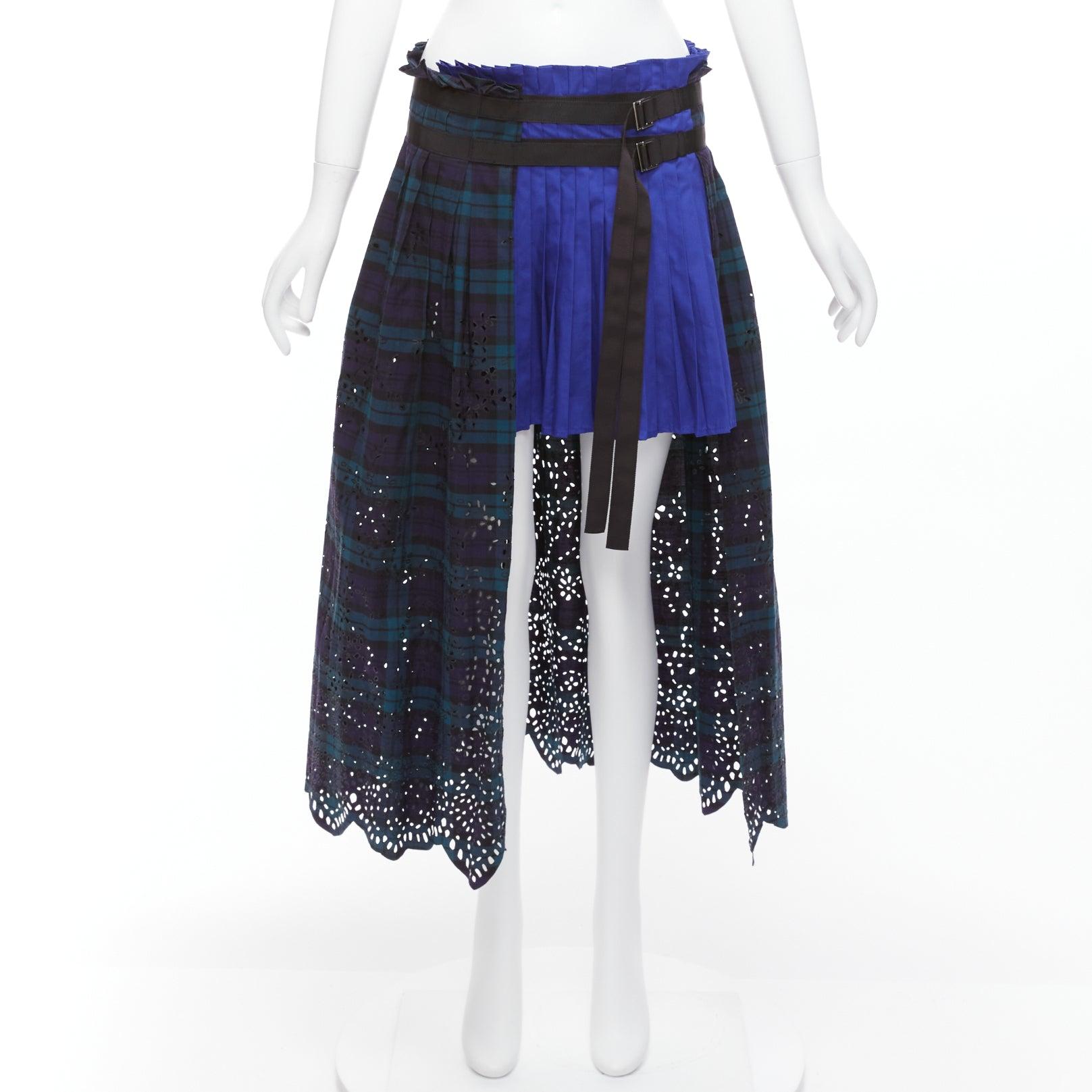 SACAI 2015 blue green plaid cotton eyelets lace asymmetric wrap skirt JP3 L For Sale 6