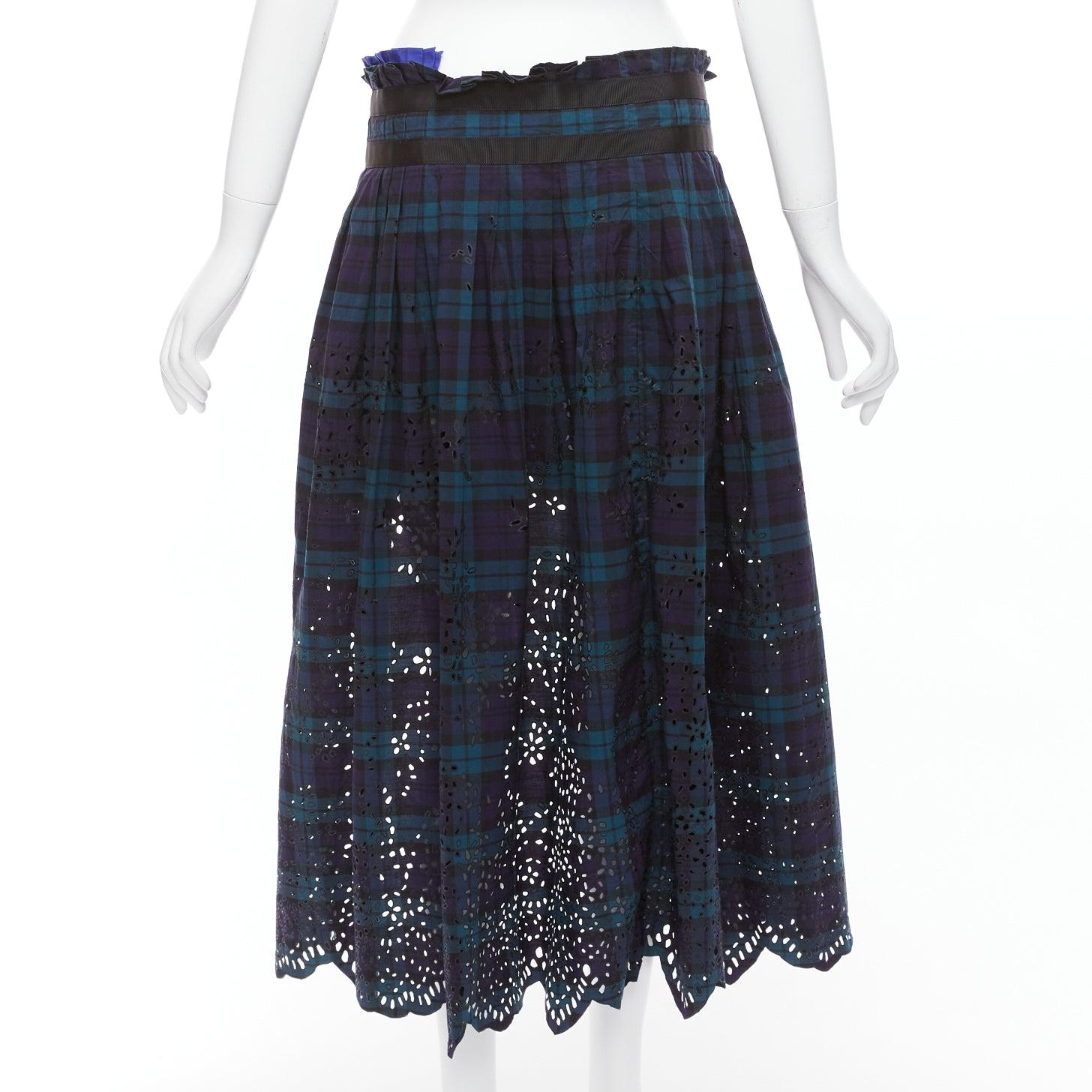 SACAI 2015 blue green plaid cotton eyelets lace asymmetric wrap skirt JP3 L For Sale 1
