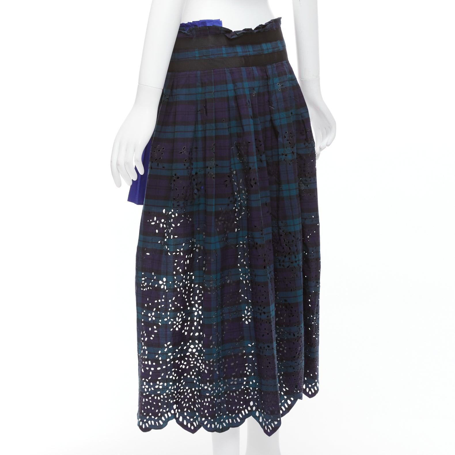 SACAI 2015 blue green plaid cotton eyelets lace asymmetric wrap skirt JP3 L For Sale 2