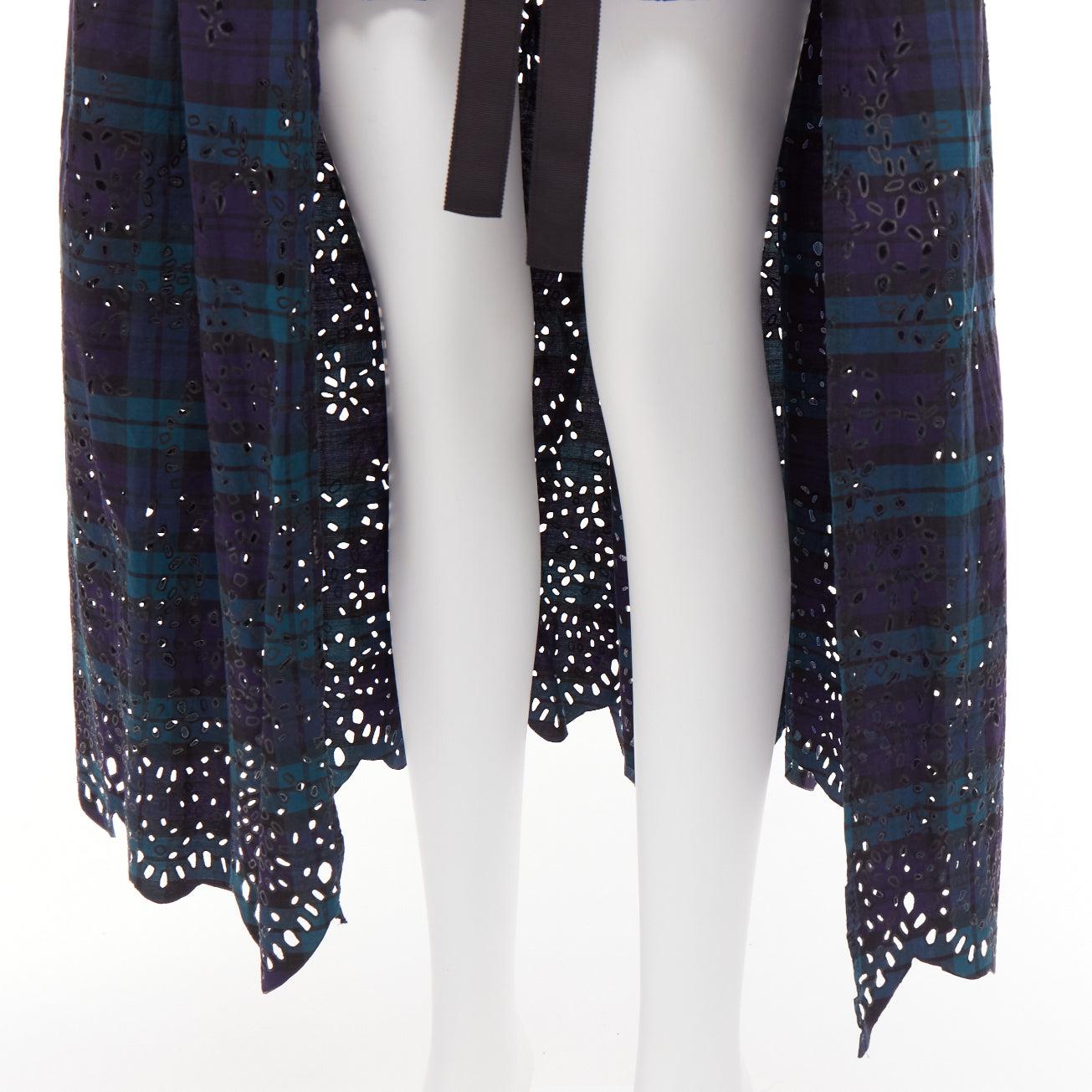 SACAI 2015 blue green plaid cotton eyelets lace asymmetric wrap skirt JP3 L For Sale 3