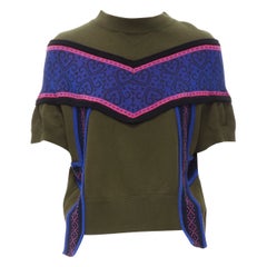 SACAI 2015 green cotton blue intarsia trimming boxy sweater S