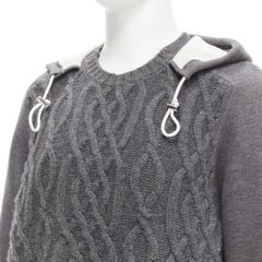 SACAI 2015 grey 100% wool cable knit contrast hood sweater JP3 L