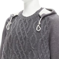 SACAI 2015 grey 100% wool cable knit contrast hood sweater JP3 L