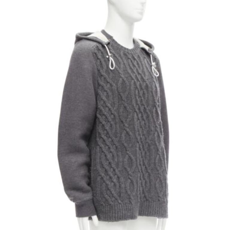 Gray SACAI 2015 grey 100% wool cable knit contrast hood sweater JP3 L For Sale