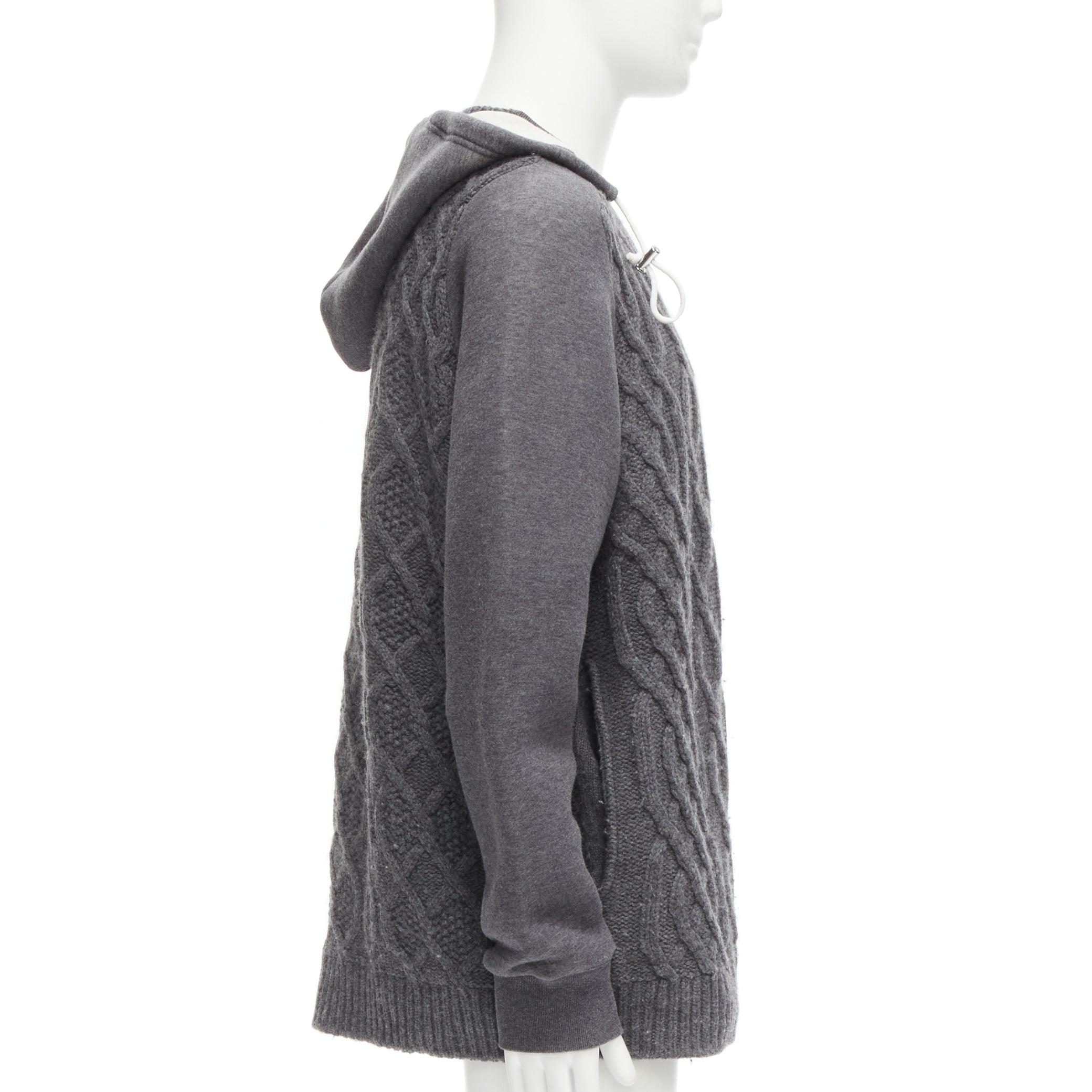 Men's SACAI 2015 grey 100% wool cable knit contrast hood sweater JP3 L For Sale
