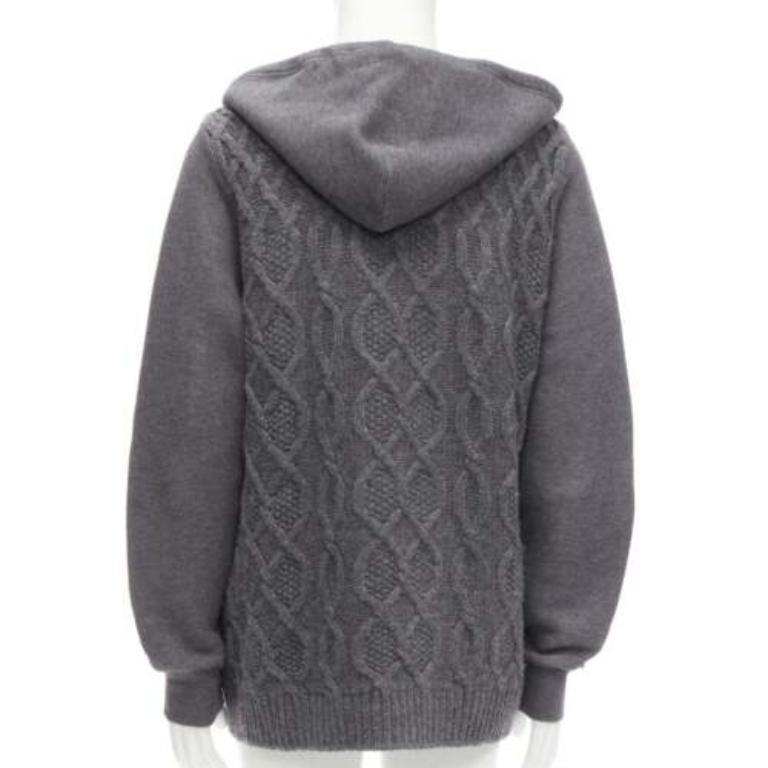 Men's SACAI 2015 grey 100% wool cable knit contrast hood sweater JP3 L For Sale