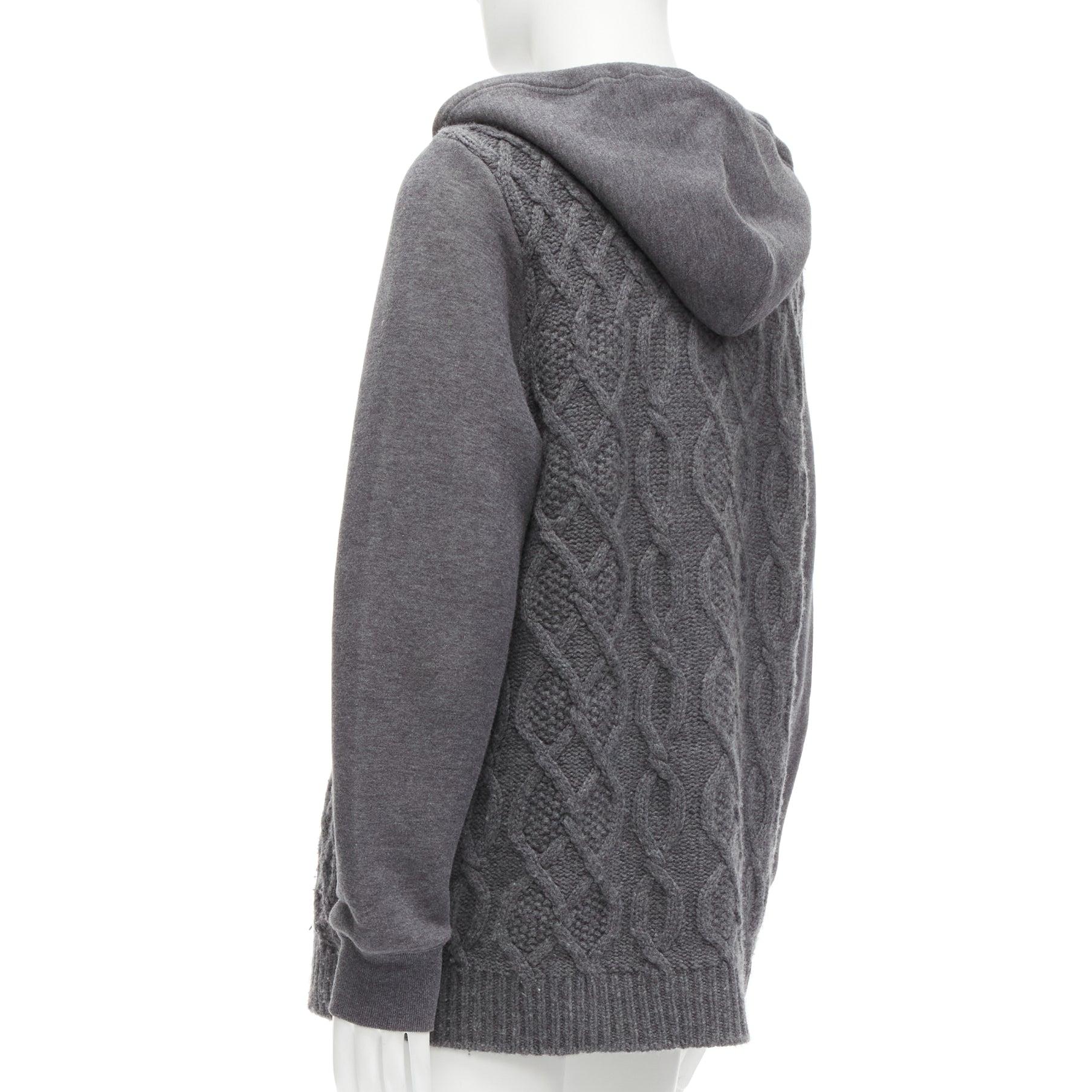 SACAI 2015 grey 100% wool cable knit contrast hood sweater JP3 L For Sale 2