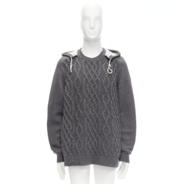 SACAI 2015 grey 100% wool cable knit contrast hood sweater JP3 L For Sale 4