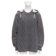 SACAI 2015 suéter gris 100% lana de punto por cable con capucha en contraste JP3 L