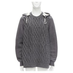 SACAI 2015 grey 100% wool cable knit contrast hood sweater JP3 L