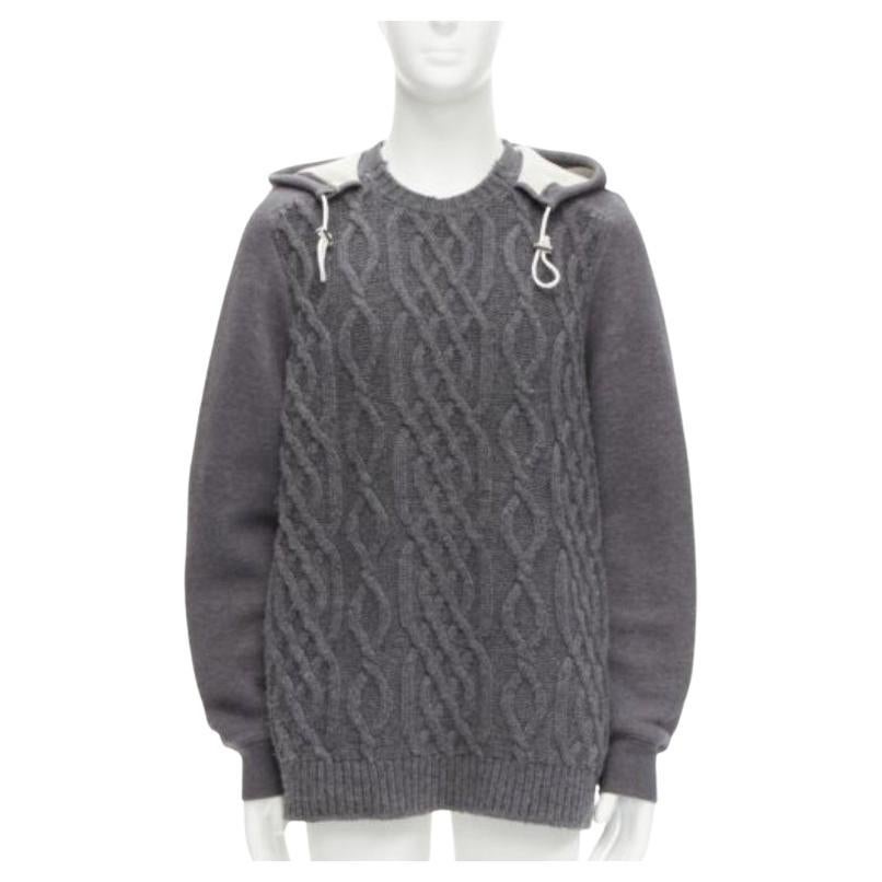 SACAI 2015 grey 100% wool cable knit contrast hood sweater JP3 L For Sale