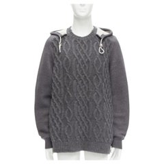 SACAI 2015 grey 100% wool cable knit contrast hood sweater JP3 L